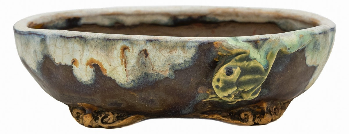 Fukushige Bushuan oval bonsai pot with carved frog and drip glaze