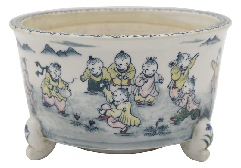 Ishida Shoseki go-sai round bonsai pot with children playing