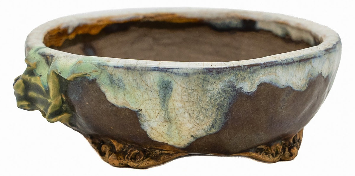 Fukushige Bushuan oval bonsai pot with carved frog and drip glaze