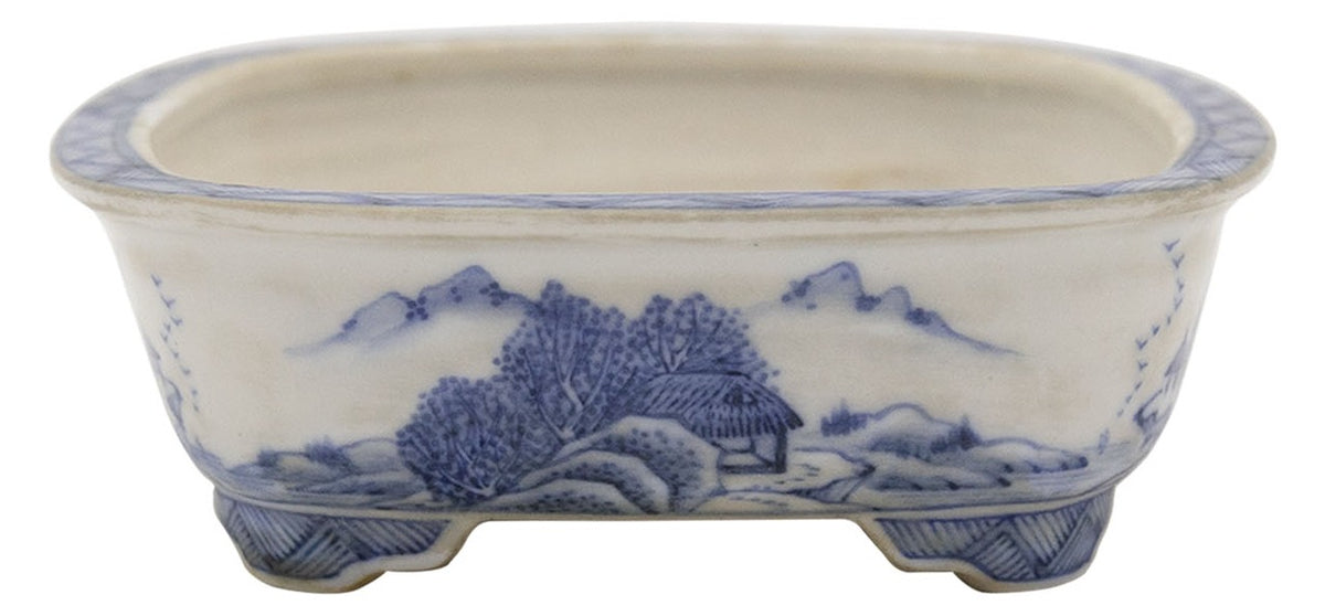 Ito Gekkou sometsuke rectangle bonsai pot with village scene