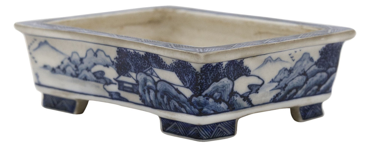 Ito Gekkou sometsuke rectangle bonsai pot with mountains and fishing village
