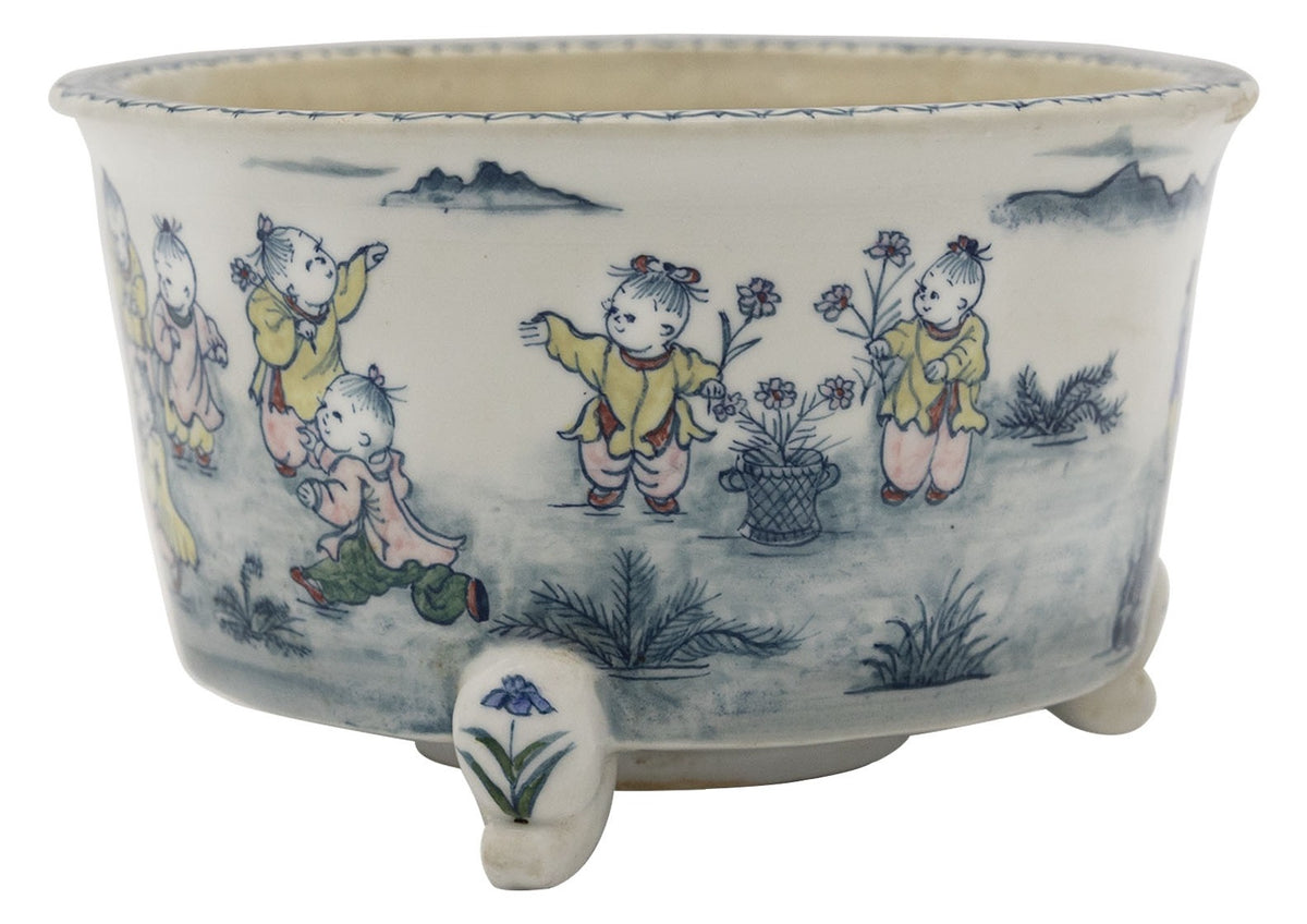 Ishida Shoseki go-sai round bonsai pot with children playing