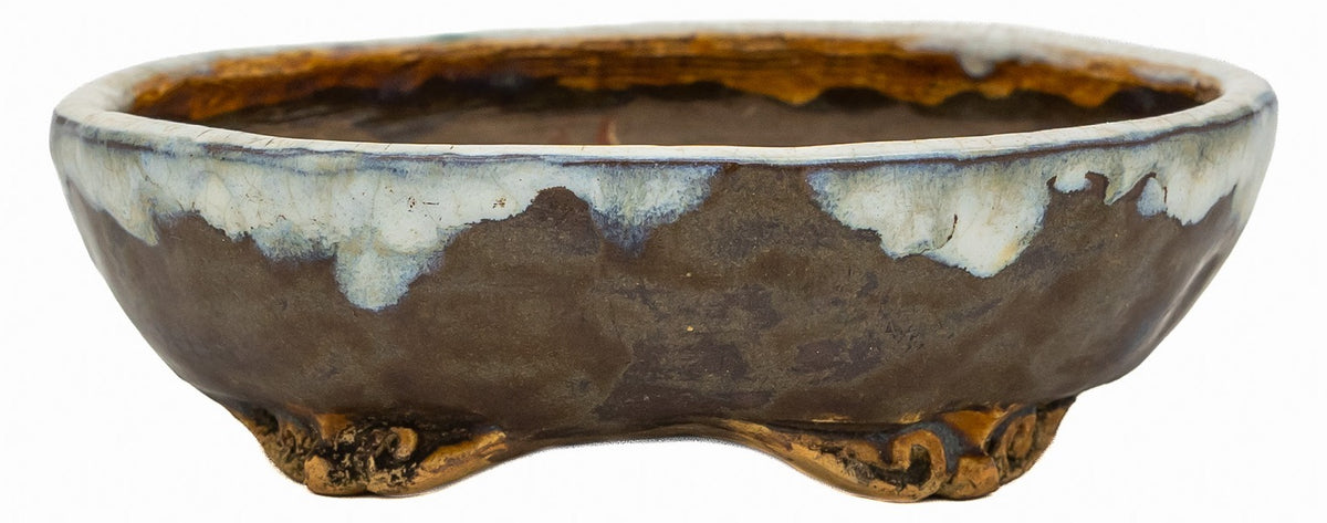 Fukushige Bushuan oval bonsai pot with carved frog and drip glaze