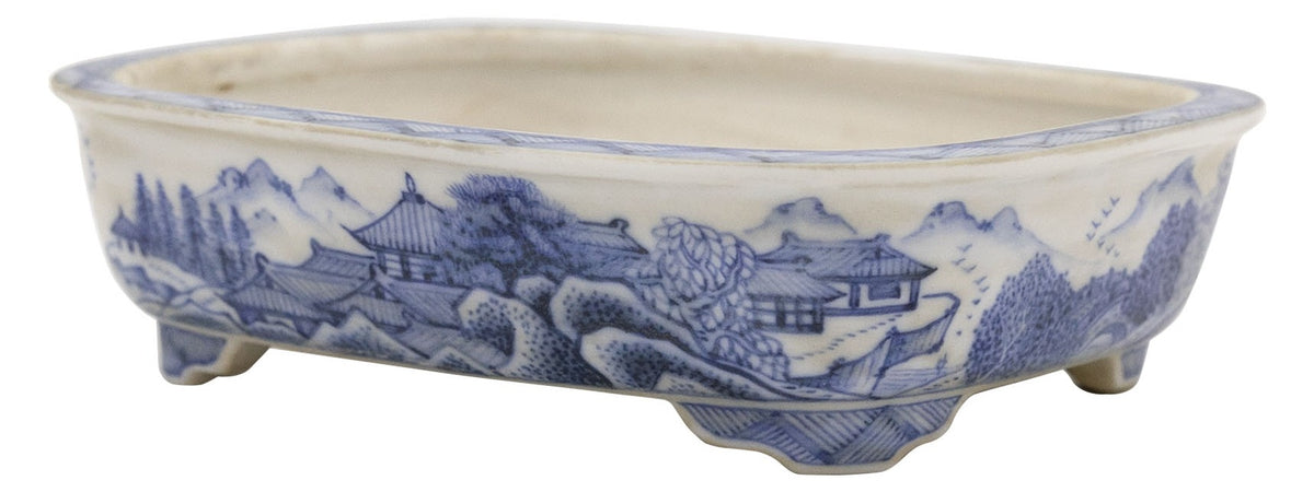 Ito Gekkou sometsuke rectangle bonsai pot with village scene