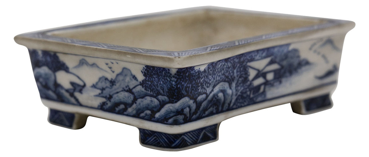 Ito Gekkou sometsuke rectangle bonsai pot with mountains and fishing village