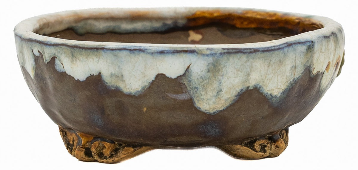 Fukushige Bushuan oval bonsai pot with carved frog and drip glaze