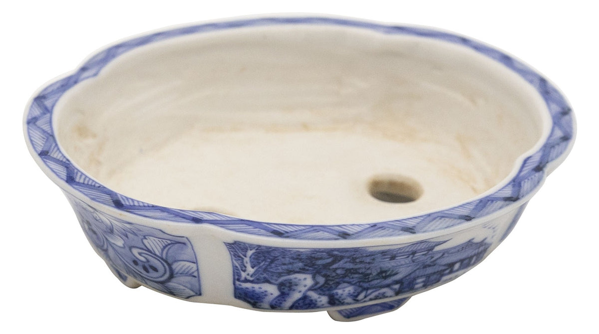 Ito Gekkou sometsuke mokko bonsai pot with village panels