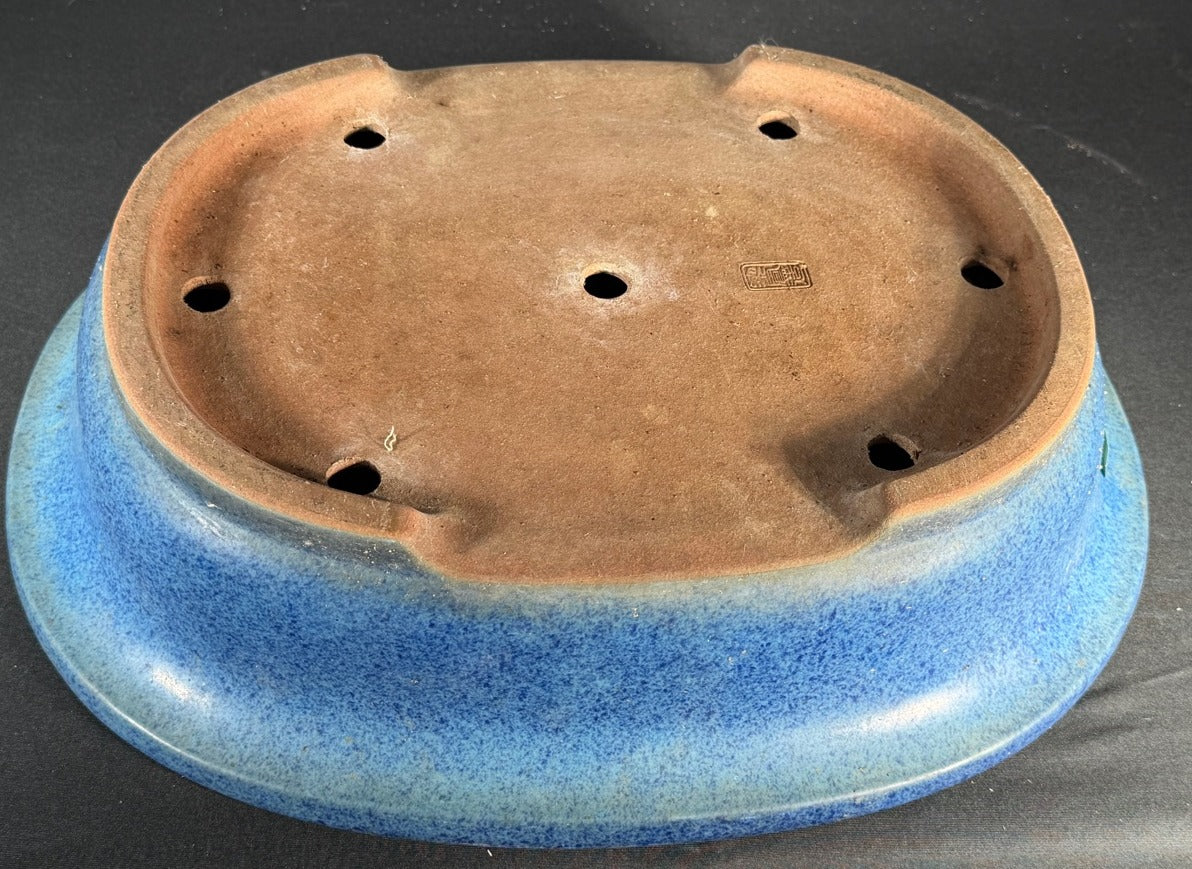 Reiho blue speckled oval bonsai pot bottom chop