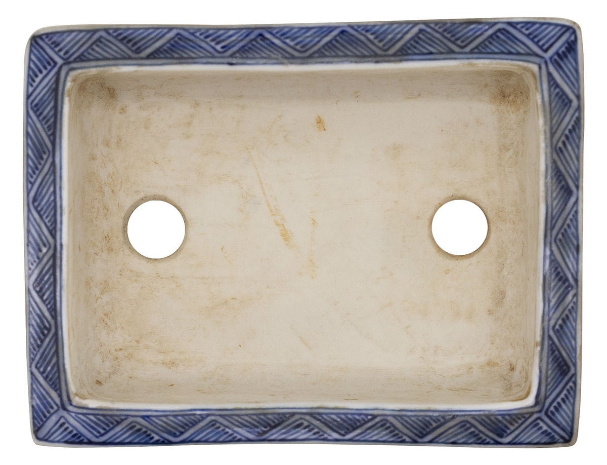 Ito Gekkou sometsuke rectangle bonsai pot with mountains and fishing village