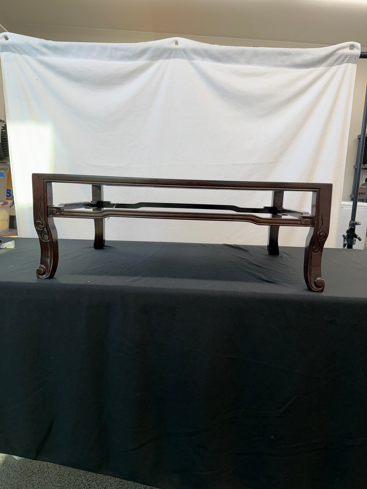 Large Japanese Hardwood Display Table, Carved Scroll Legs, 27.5" x 19"