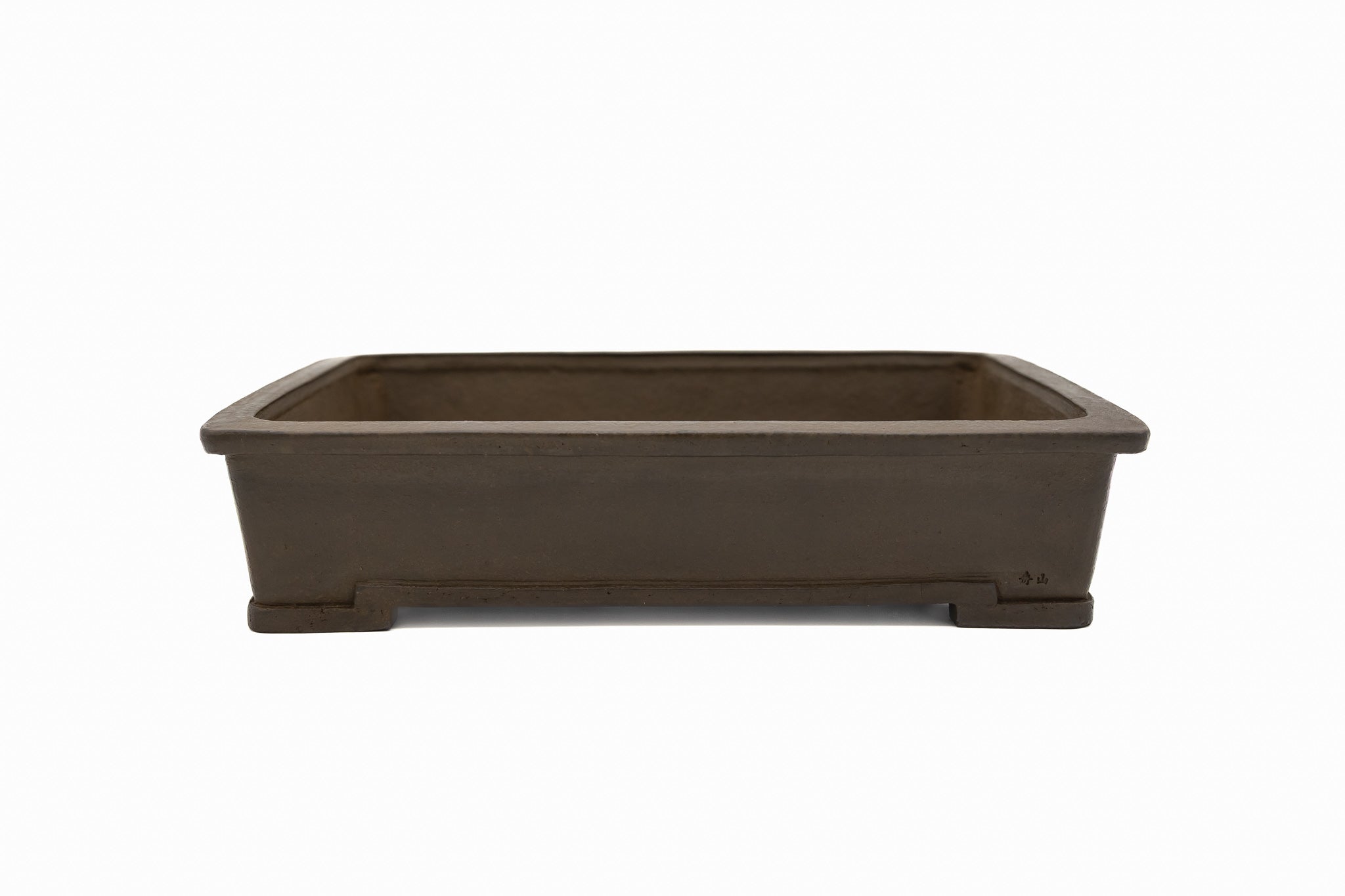 Large Rectangular Unglazed Japanese Bonsai Pot – Suzuki Suzan Kiln, Hand Carved Extended Rim, Special Commission Signature, Bottom Border