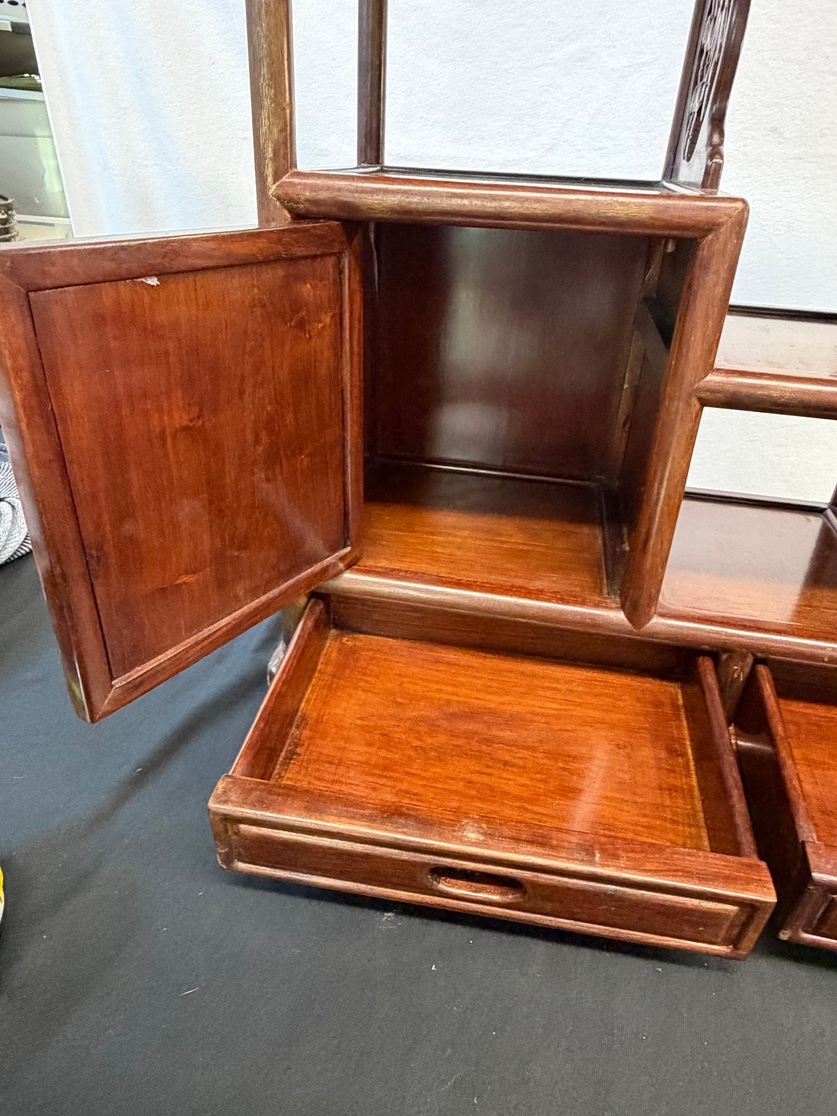Japanese Rosewood Display Cabinet (Kazaridana), Doors, Drawers, Carved Bamboo Panel