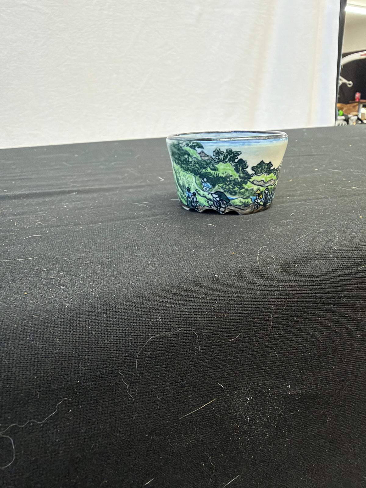 3x2.5 Inch Yuki Shoseki Hand-Painted Bonsai Pot – Fuji Landscape with Travelers