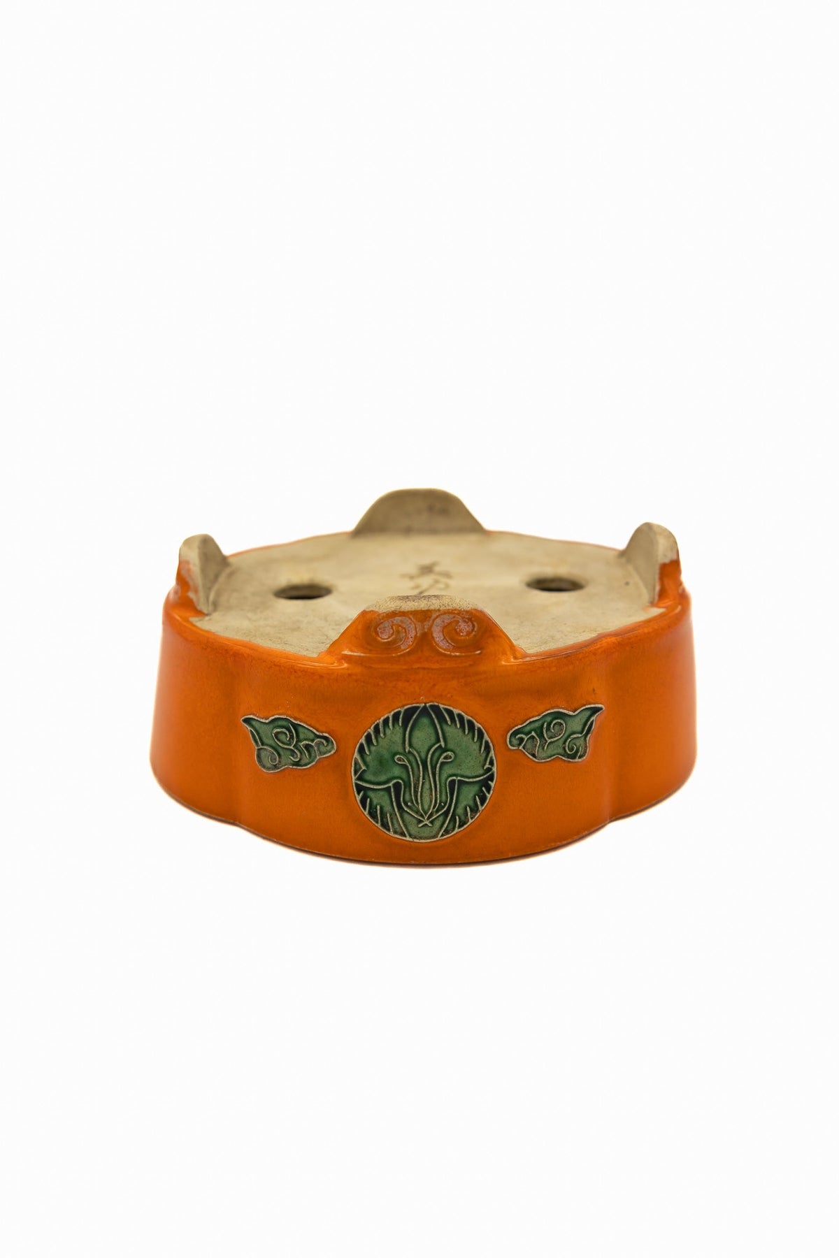 Small Mokka Orange Glazed Biko Kiln Japanese Bonsai Pot – Hand Carved Medallion, Chop and Nail Signed