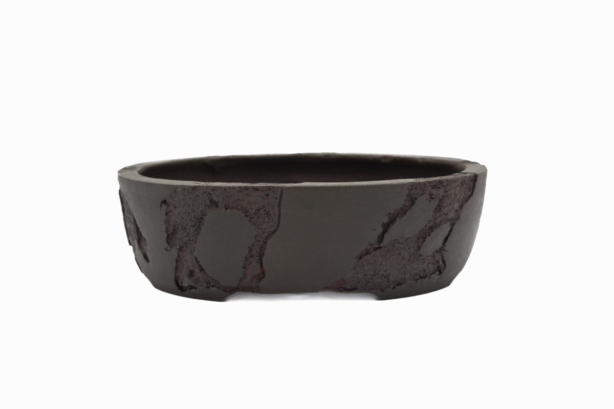 Large Oval Unglazed Yamaaki Japanese Bonsai Pot – Double Chop Nail Signature, Bold Form, Thick Rim