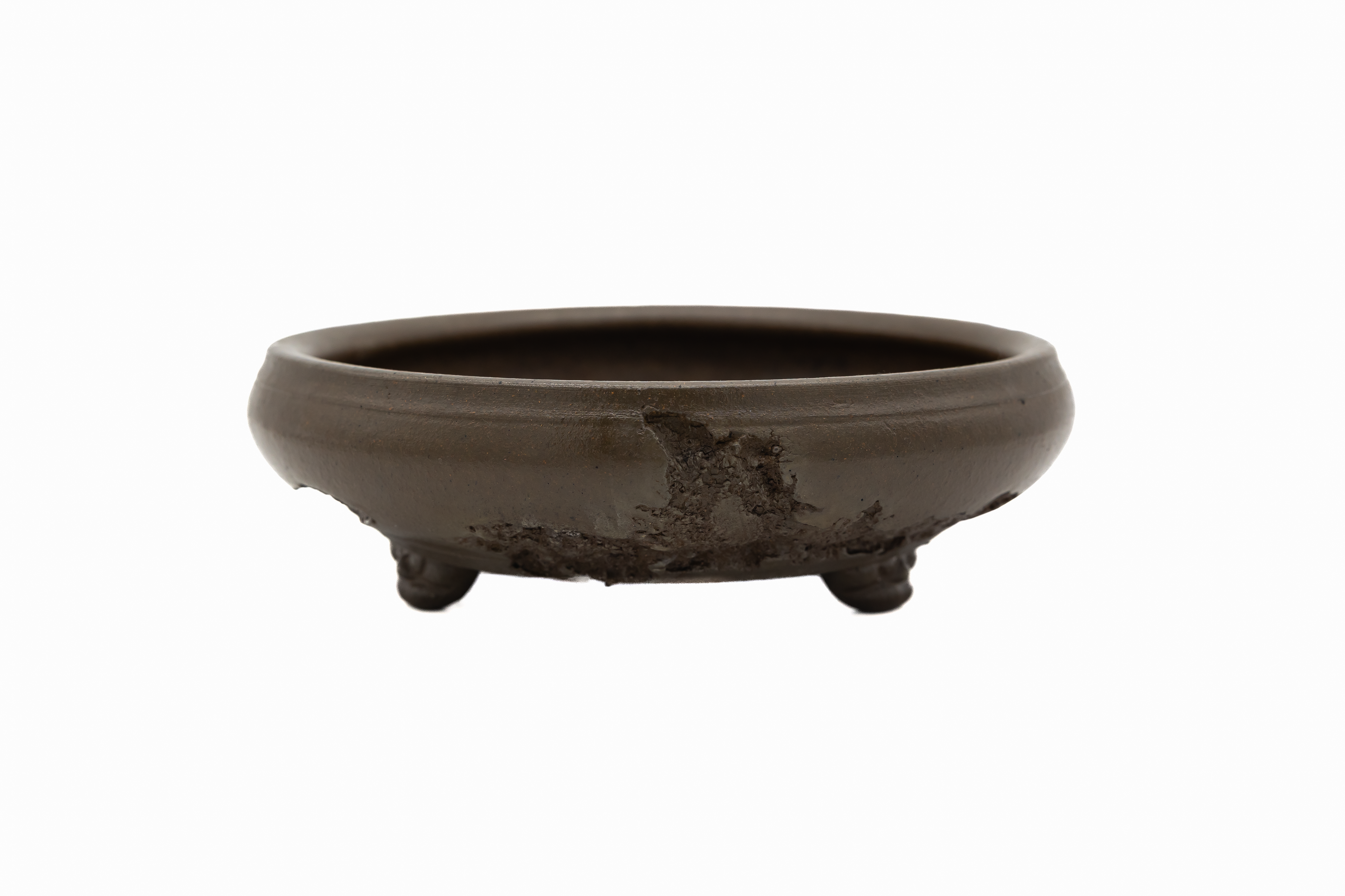 Large Round Unglazed Yamaaki Japanese Bonsai Pot – Double Chop Nail Signature, Worm Eaten Bold Form