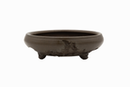 Large Round Unglazed Yamaaki Japanese Bonsai Pot – Double Chop Nail Signature, Worm Eaten Bold Form
