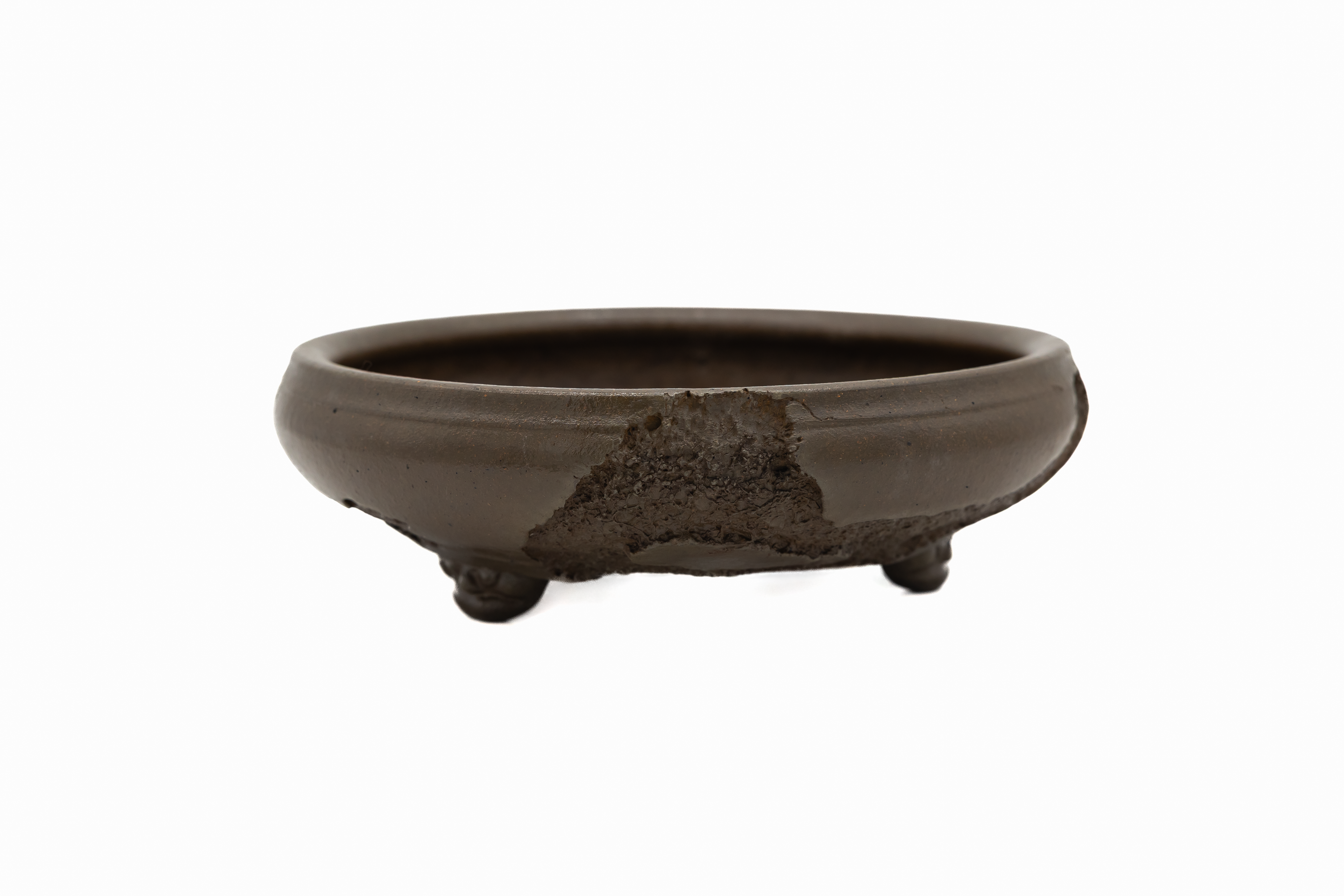 Large Round Unglazed Yamaaki Japanese Bonsai Pot – Double Chop Nail Signature, Worm Eaten Bold Form