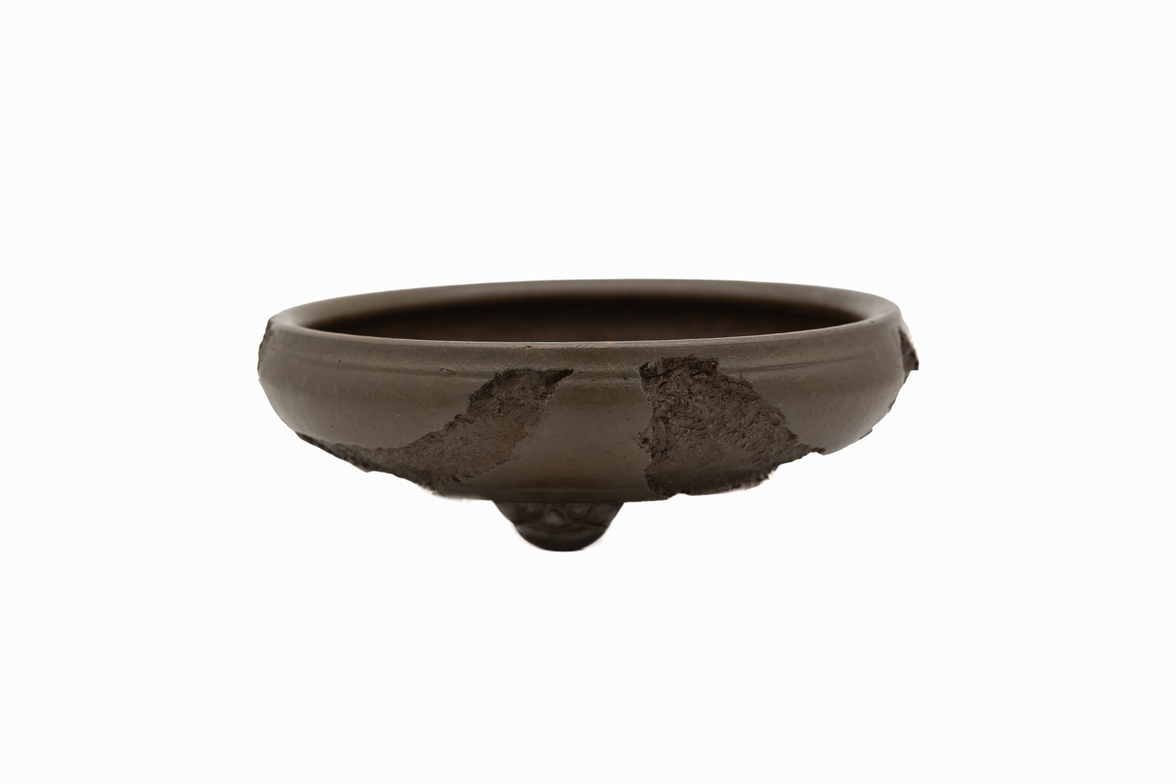 Large Round Unglazed Yamaaki Japanese Bonsai Pot – Double Chop Nail Signature, Worm Eaten Bold Form