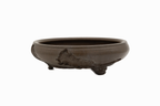 Large Round Unglazed Yamaaki Japanese Bonsai Pot – Double Chop Nail Signature, Worm Eaten Bold Form
