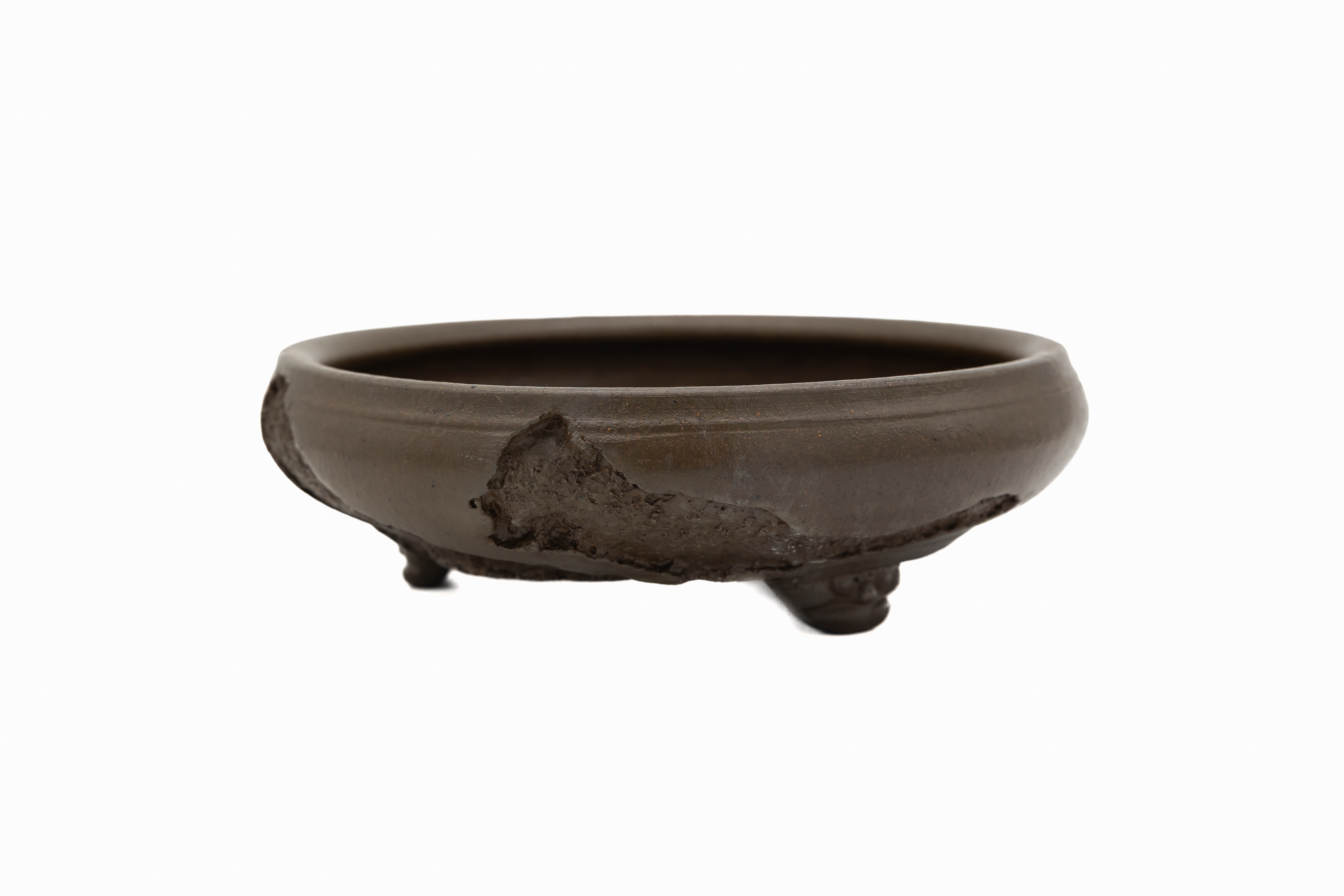 Large Round Unglazed Yamaaki Japanese Bonsai Pot – Double Chop Nail Signature, Worm Eaten Bold Form