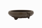 Large Round Unglazed Yamaaki Japanese Bonsai Pot – Double Chop Nail Signature, Worm Eaten Bold Form