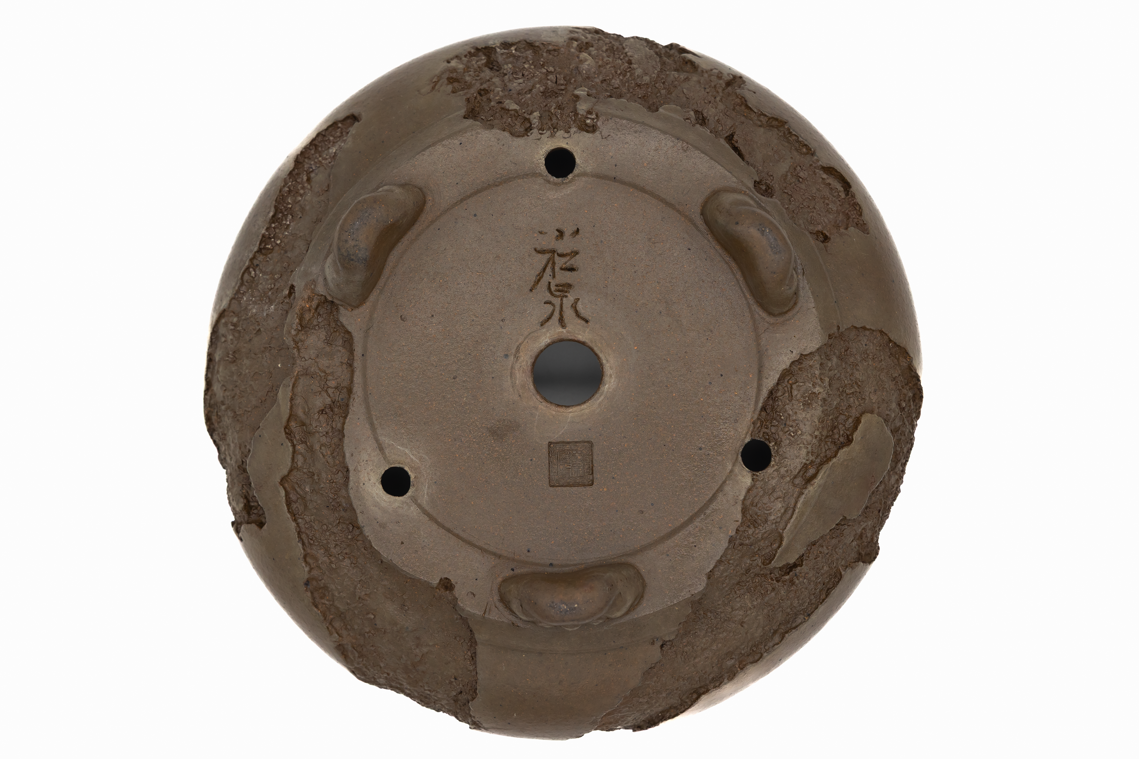 Large Round Unglazed Yamaaki Japanese Bonsai Pot – Double Chop Nail Signature, Worm Eaten Bold Form