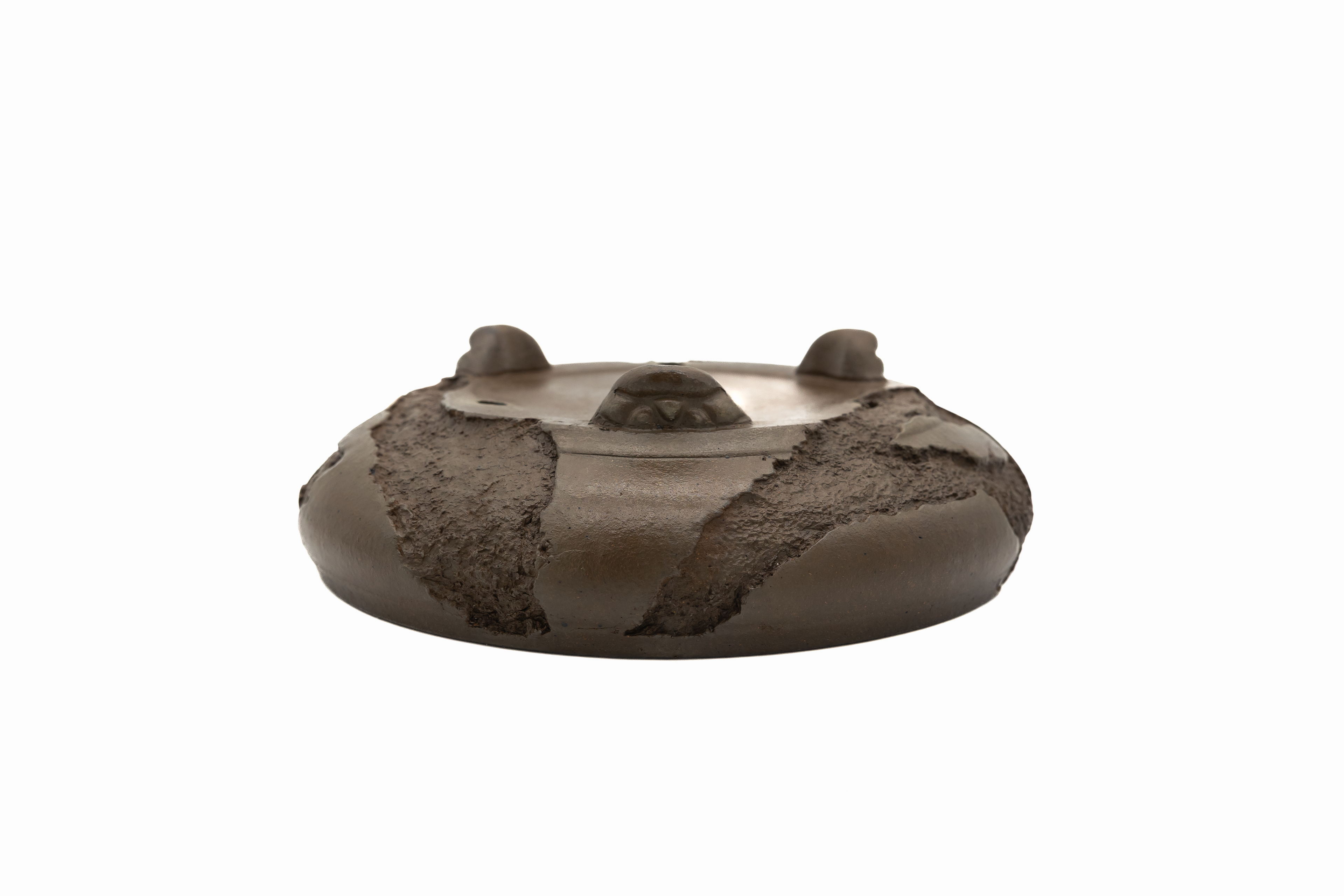 Large Round Unglazed Yamaaki Japanese Bonsai Pot – Double Chop Nail Signature, Worm Eaten Bold Form