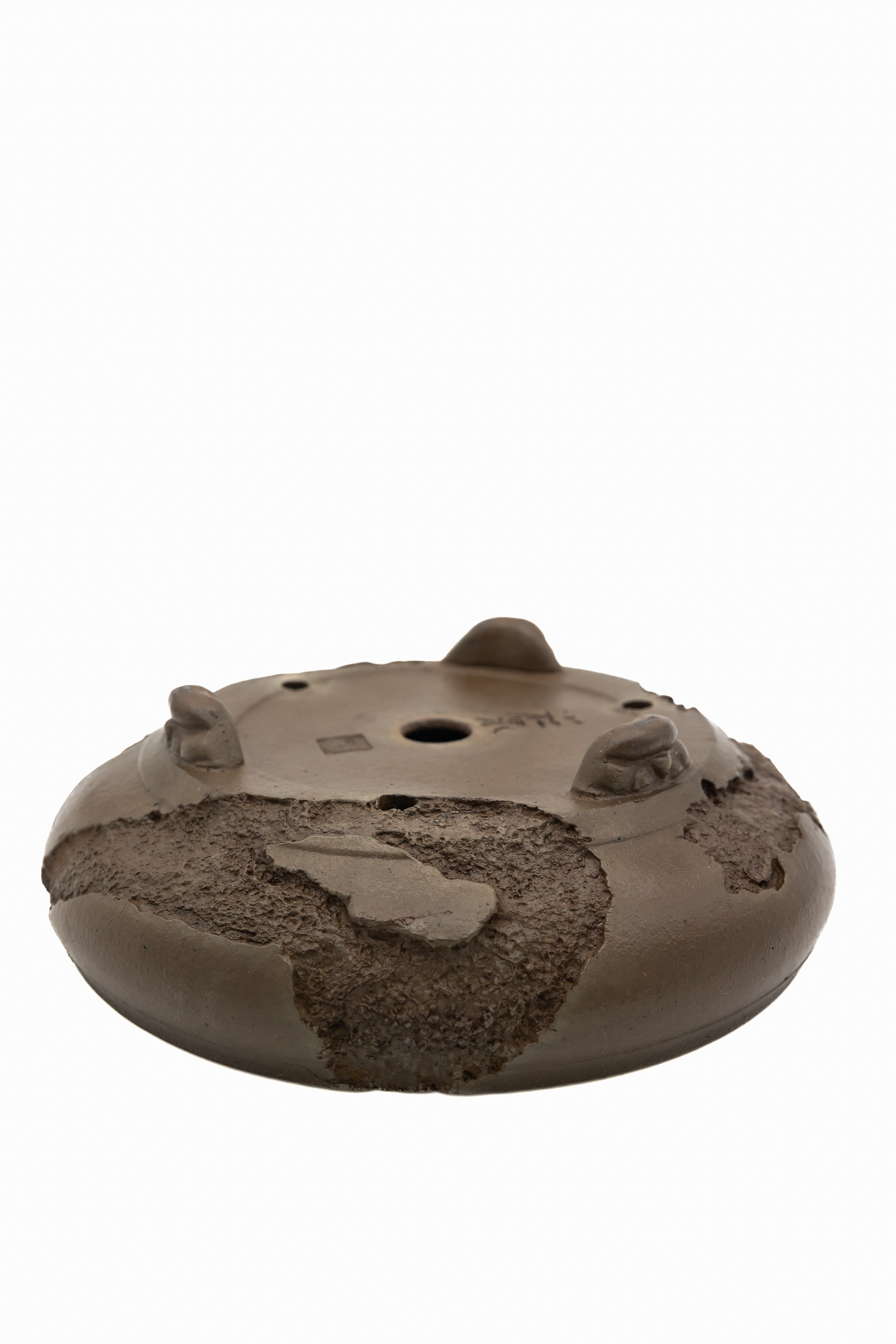 Large Round Unglazed Yamaaki Japanese Bonsai Pot – Double Chop Nail Signature, Worm Eaten Bold Form