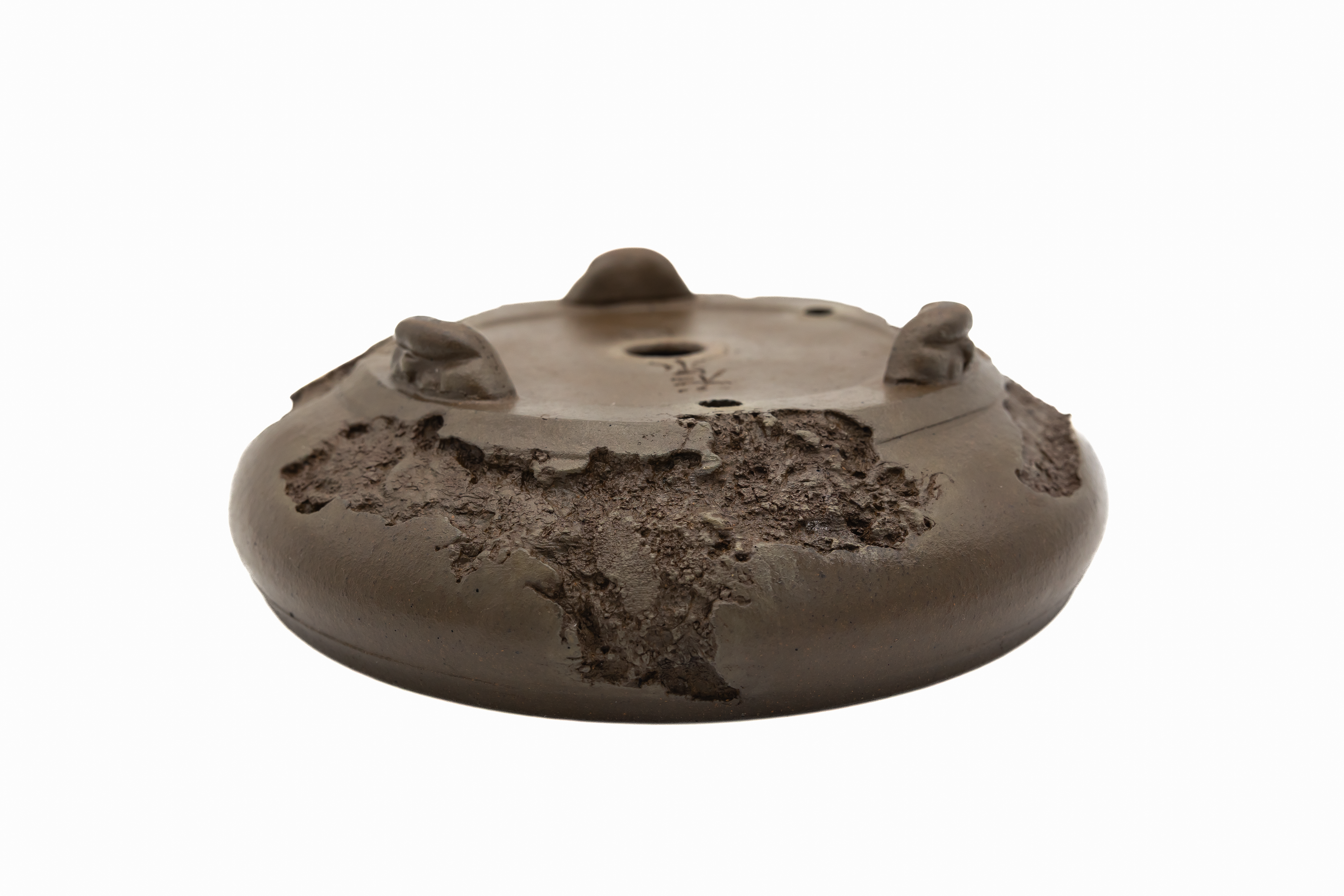 Large Round Unglazed Yamaaki Japanese Bonsai Pot – Double Chop Nail Signature, Worm Eaten Bold Form
