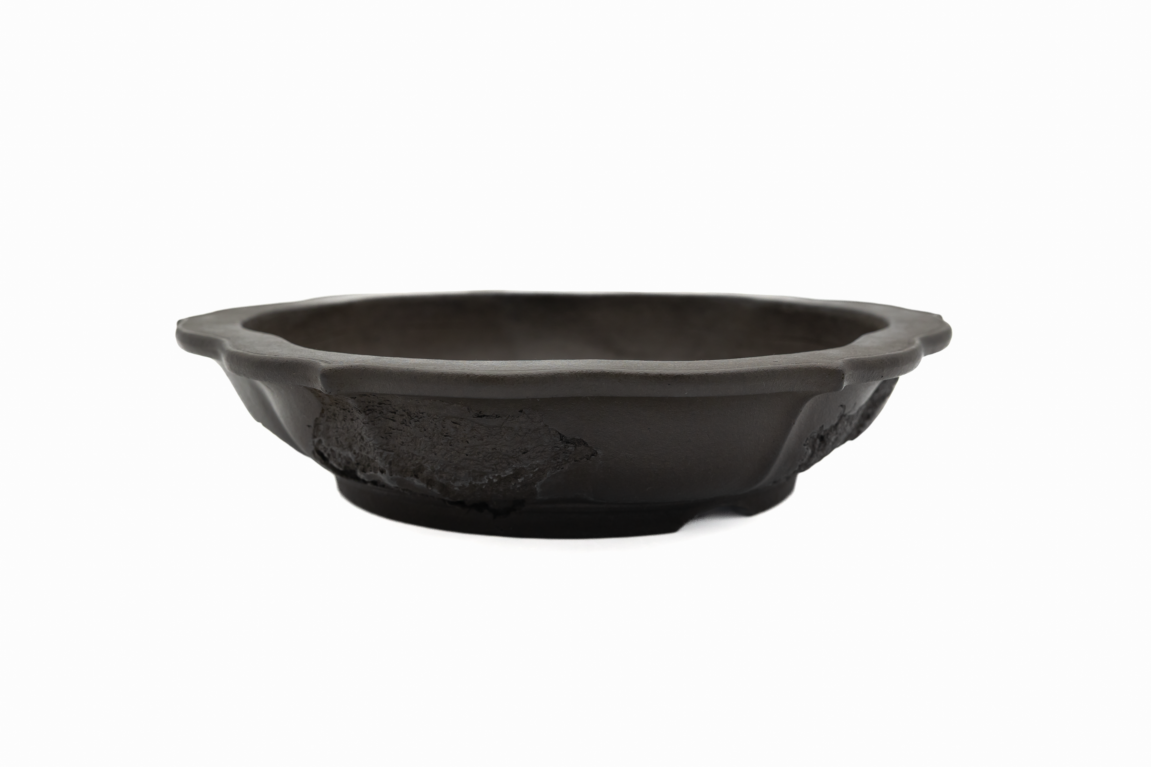Large Rinka Unglazed Yamaaki Japanese Bonsai Pot – Chop and Nail Signed, Bold Worm Eaten Texture, Sharp Lines