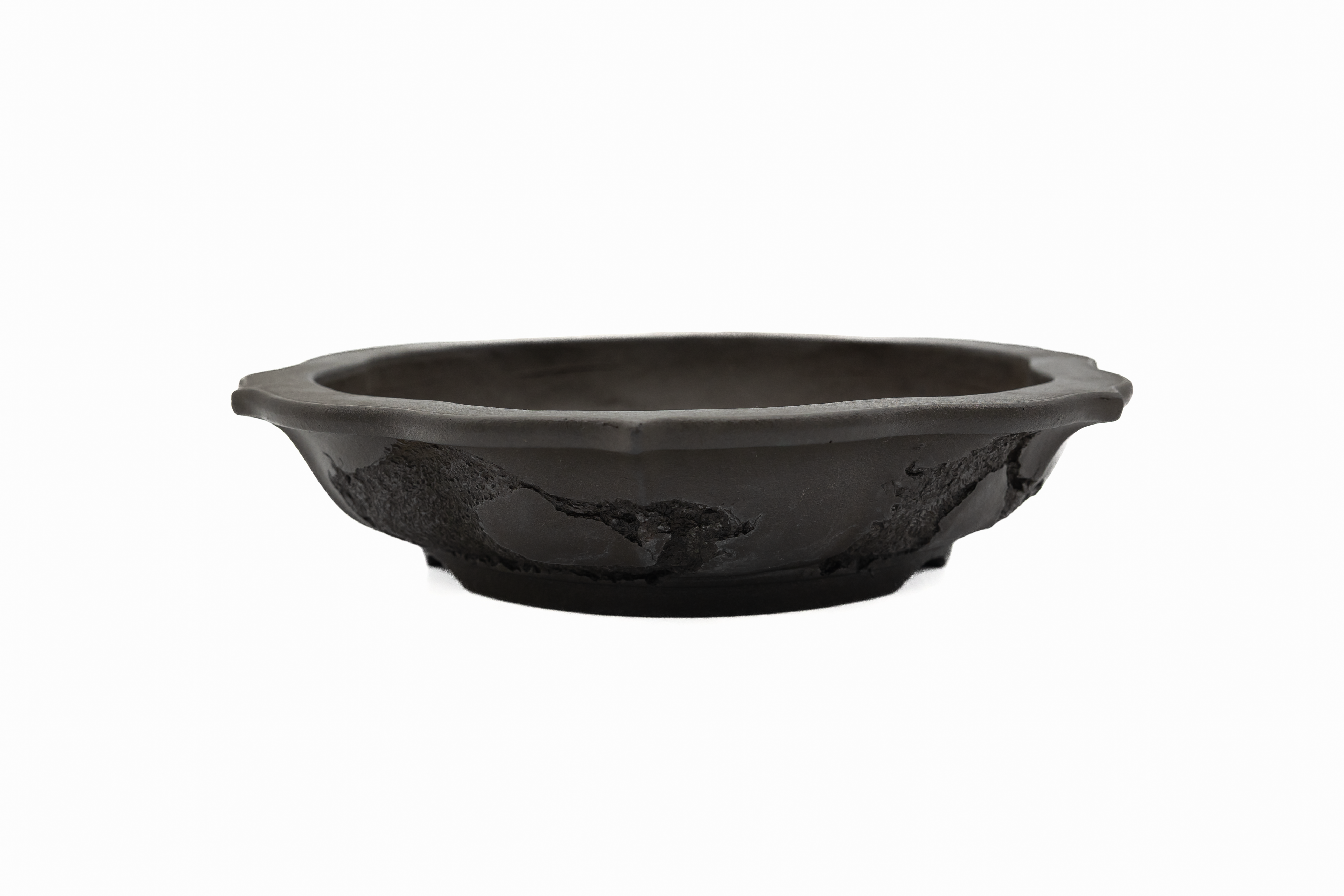 Large Rinka Unglazed Yamaaki Japanese Bonsai Pot – Chop and Nail Signed, Bold Worm Eaten Texture, Sharp Lines