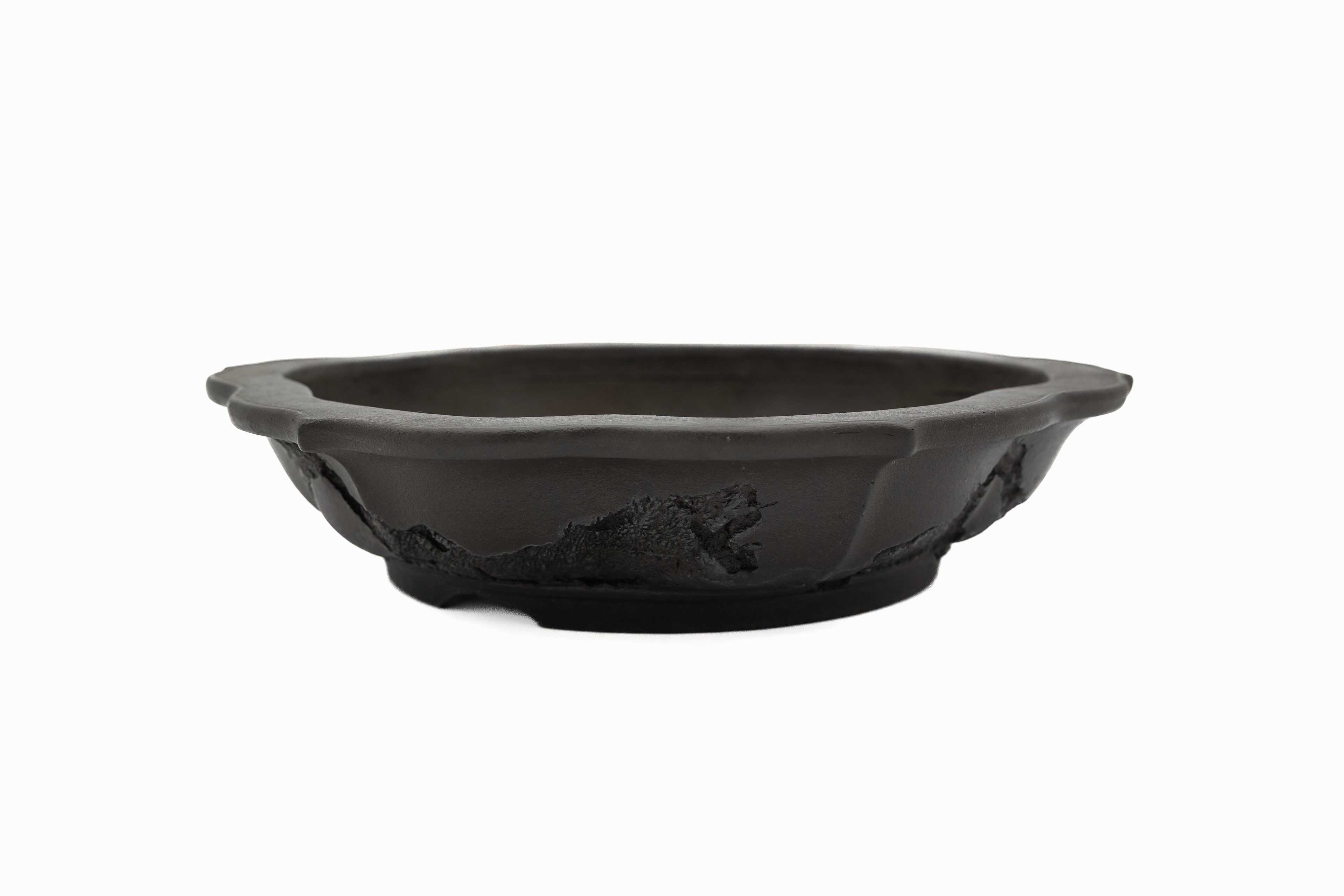 Large Rinka Unglazed Yamaaki Japanese Bonsai Pot – Chop and Nail Signed, Bold Worm Eaten Texture, Sharp Lines
