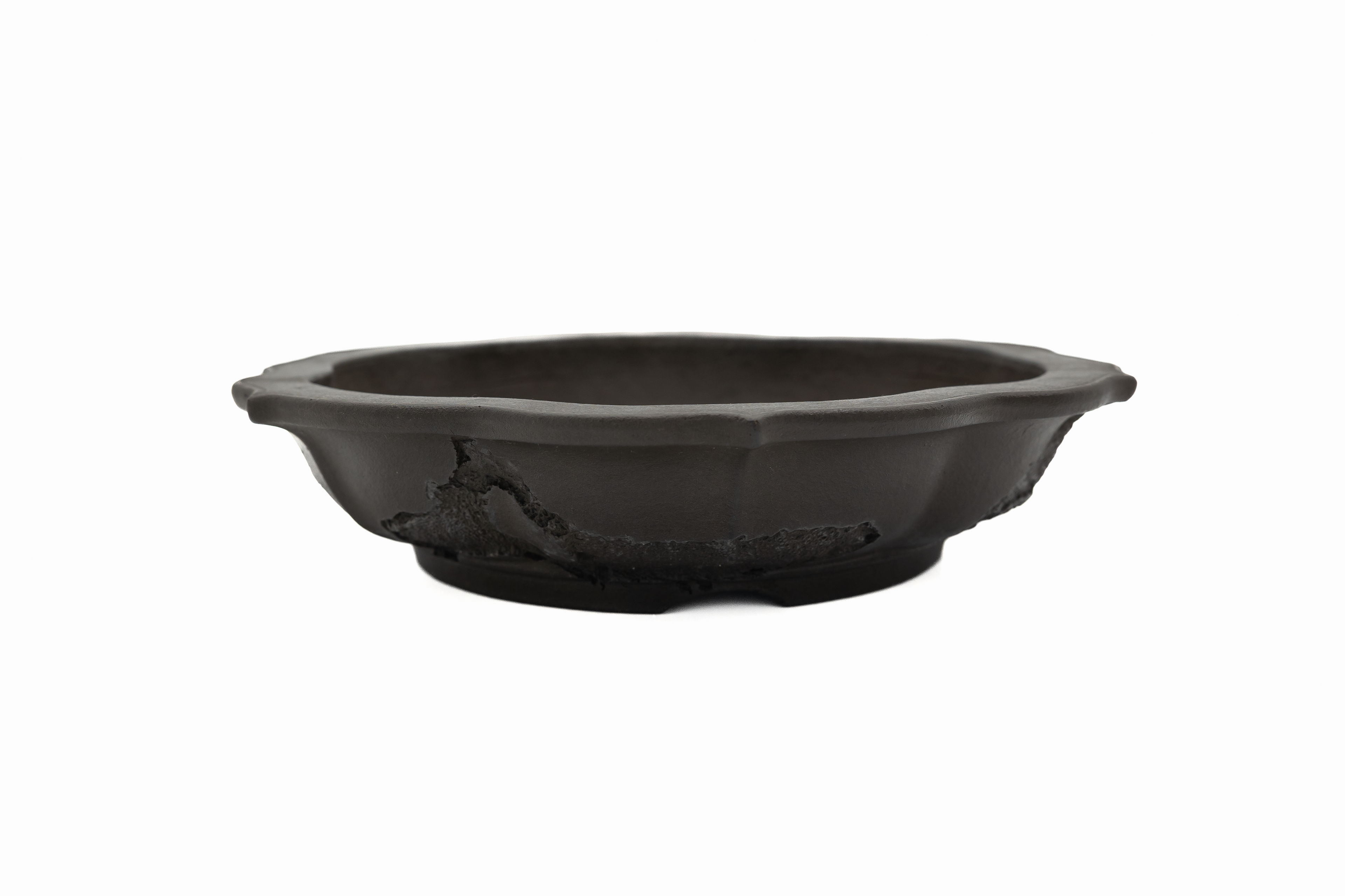 Large Rinka Unglazed Yamaaki Japanese Bonsai Pot – Chop and Nail Signed, Bold Worm Eaten Texture, Sharp Lines
