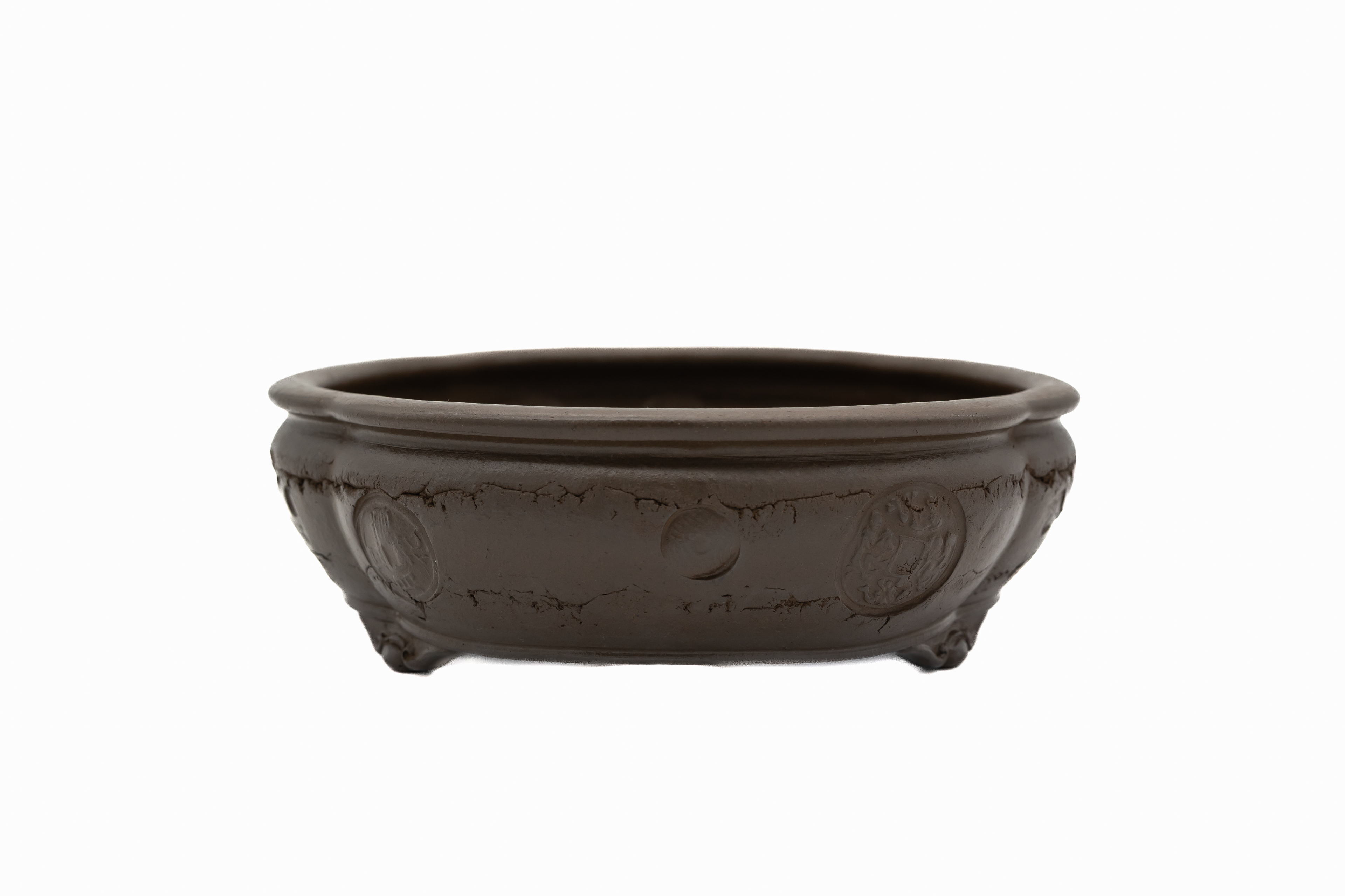 Large Oval Unglazed Yamaaki Japanese Bonsai Pot – Double Chop Nail Signature Worm Eaten Design