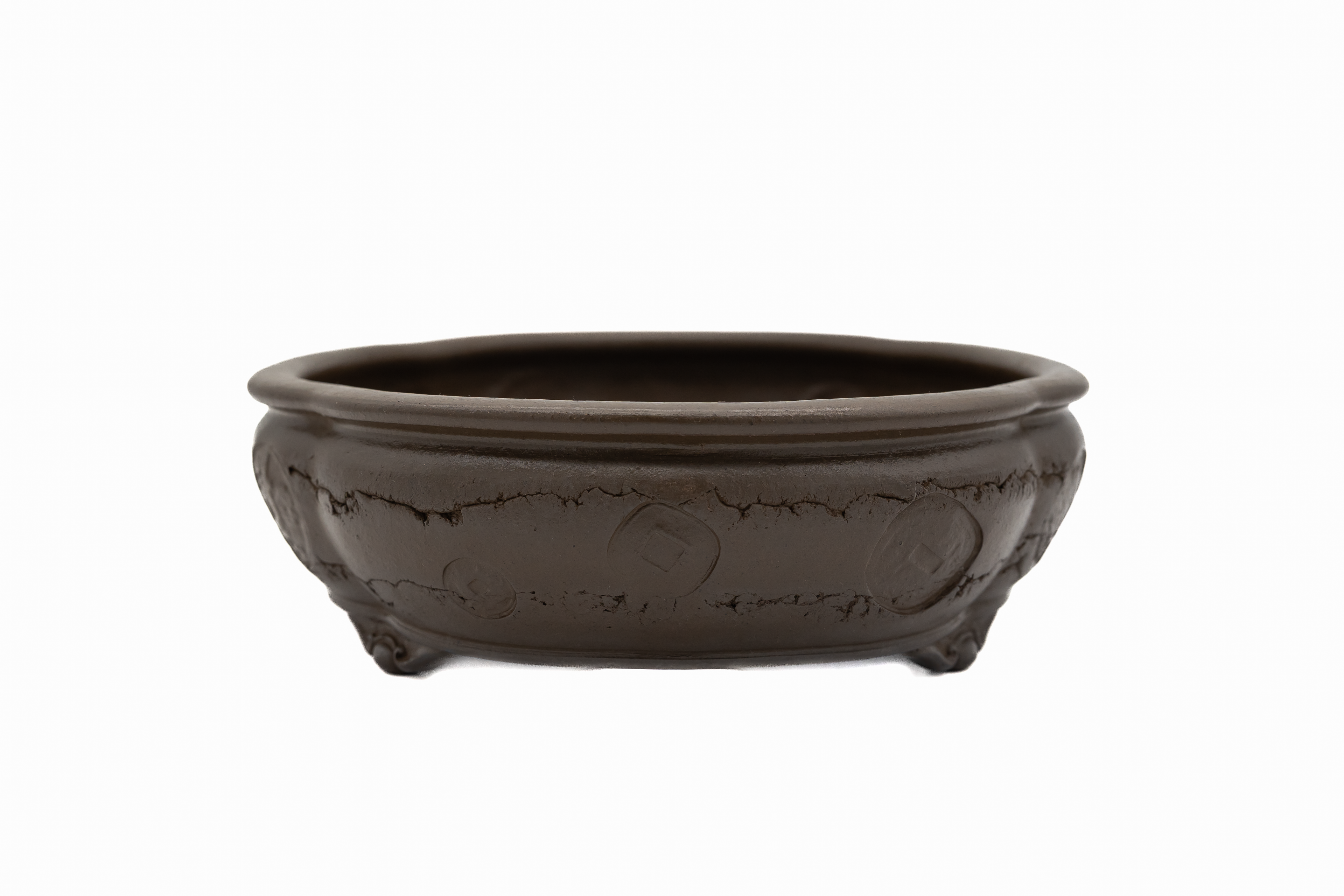 Large Oval Unglazed Yamaaki Japanese Bonsai Pot – Double Chop Nail Signature Worm Eaten Design