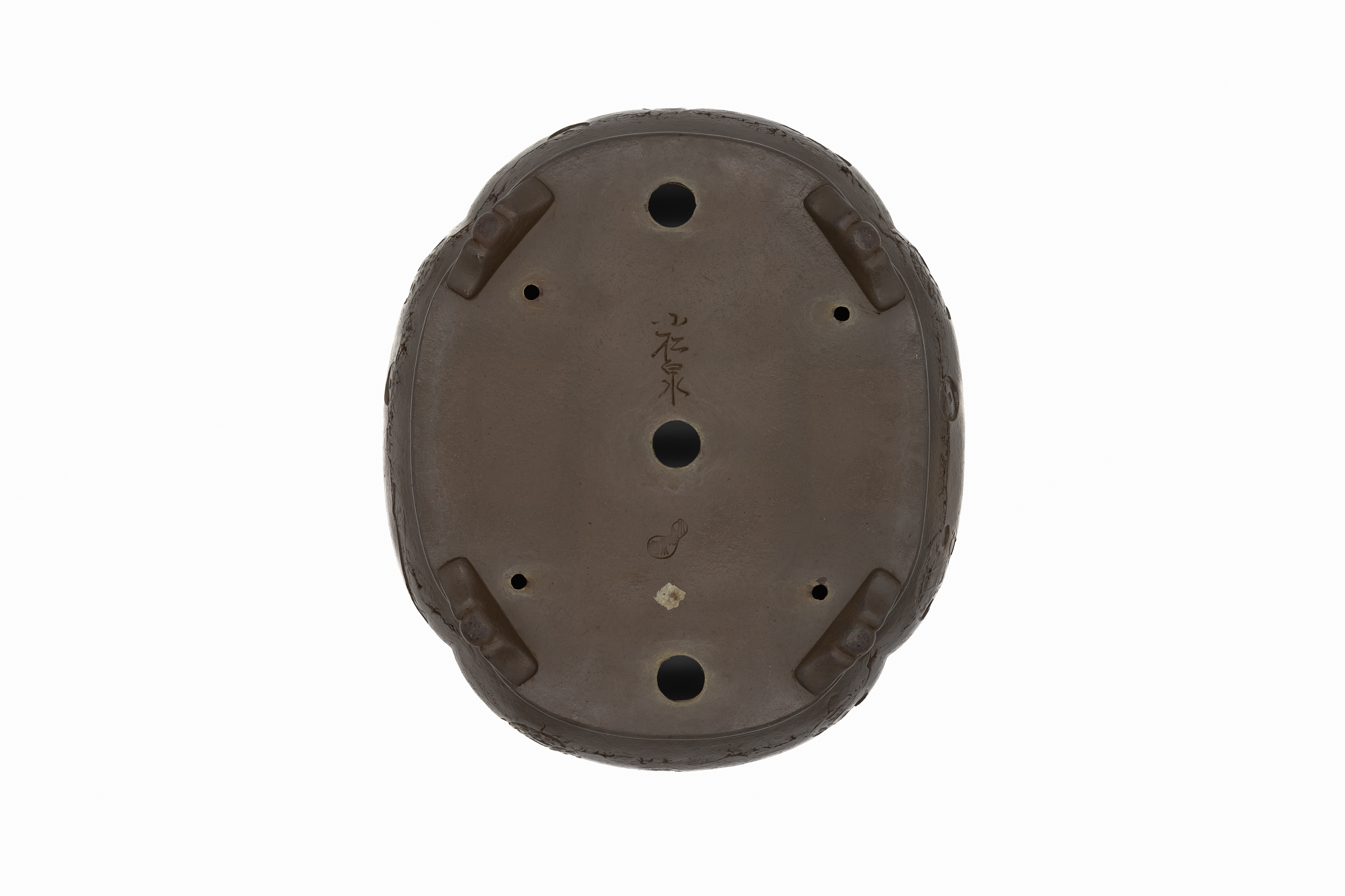Large Oval Unglazed Yamaaki Japanese Bonsai Pot – Double Chop Nail Signature Worm Eaten Design