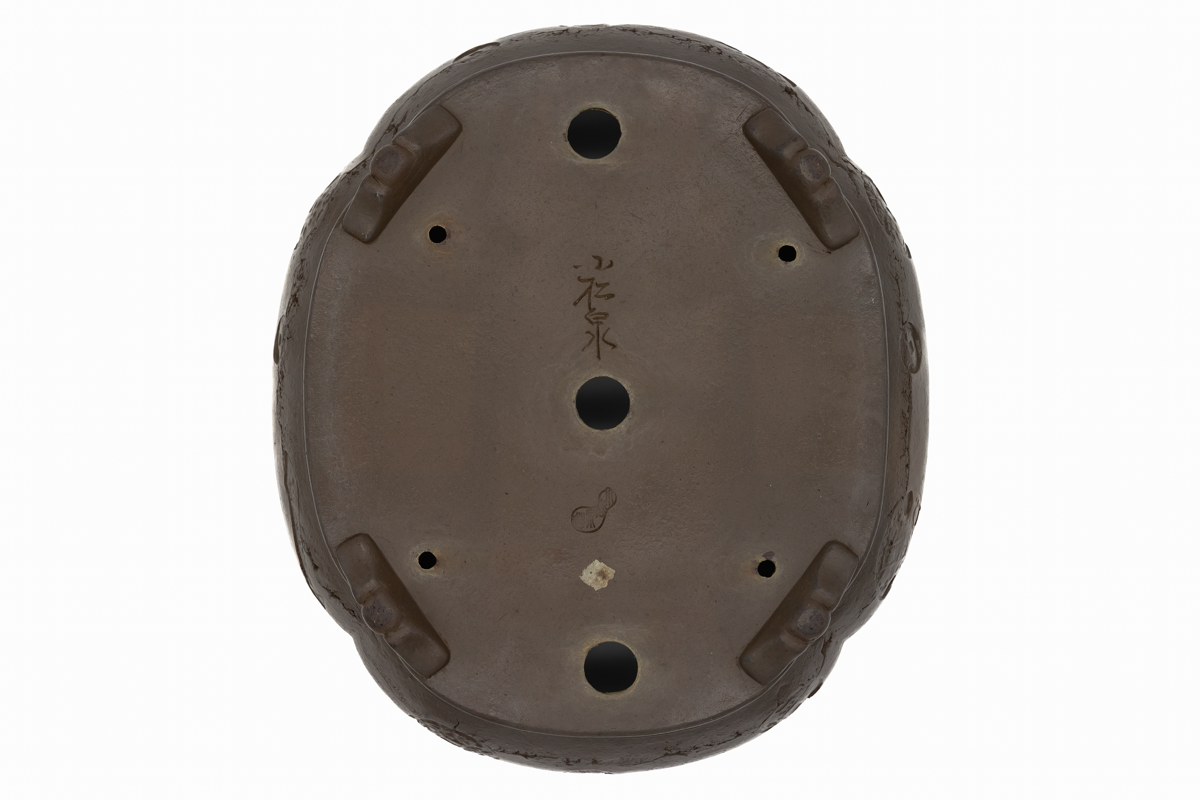 Large Oval Unglazed Yamaaki Japanese Bonsai Pot – Double Chop Nail Signature Worm Eaten Design