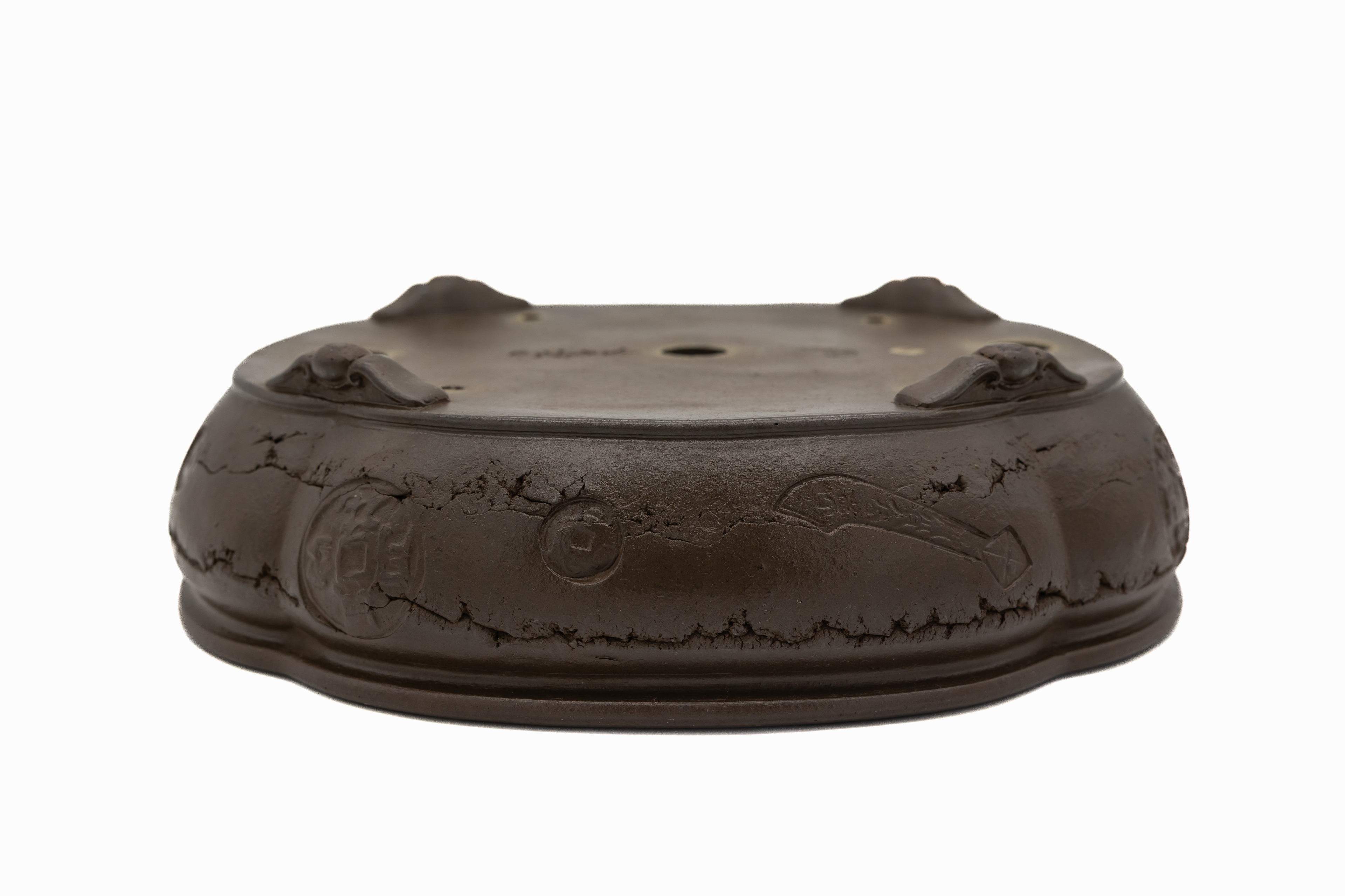Large Oval Unglazed Yamaaki Japanese Bonsai Pot – Double Chop Nail Signature Worm Eaten Design