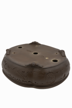 Large Oval Unglazed Yamaaki Japanese Bonsai Pot – Double Chop Nail Signature Worm Eaten Design