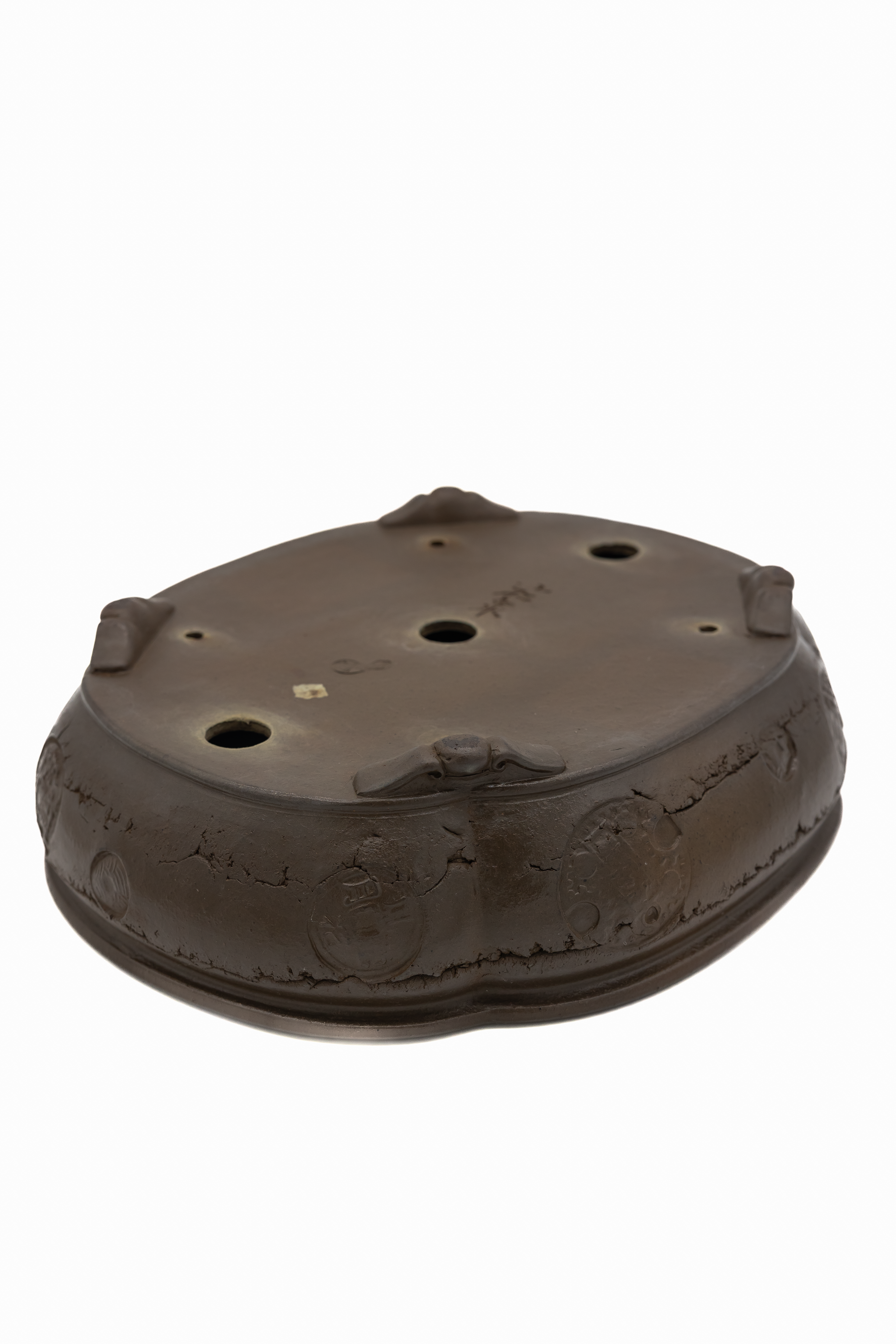 Large Oval Unglazed Yamaaki Japanese Bonsai Pot – Double Chop Nail Signature Worm Eaten Design