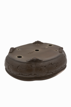 Large Oval Unglazed Yamaaki Japanese Bonsai Pot – Double Chop Nail Signature Worm Eaten Design