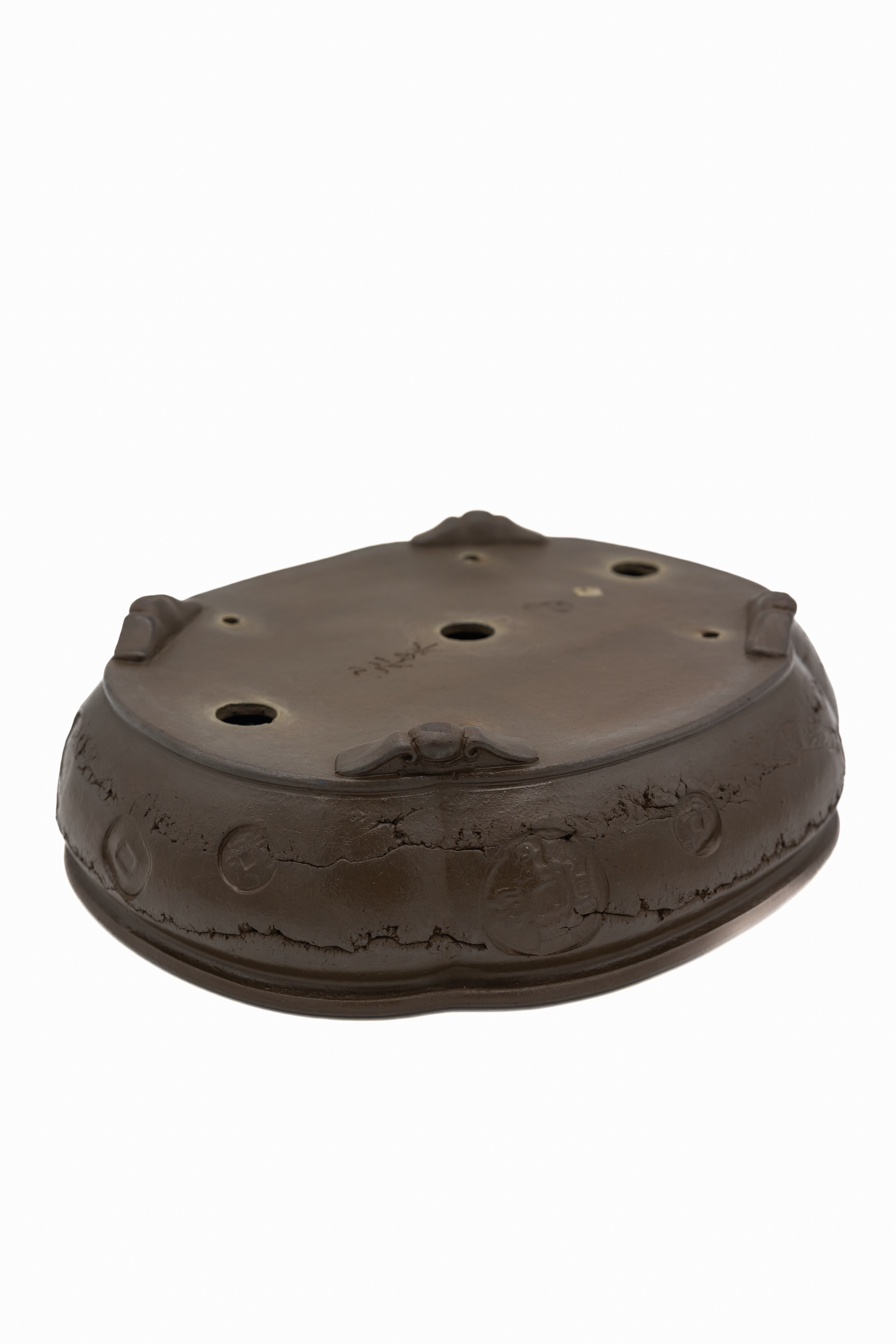 Large Oval Unglazed Yamaaki Japanese Bonsai Pot – Double Chop Nail Signature Worm Eaten Design