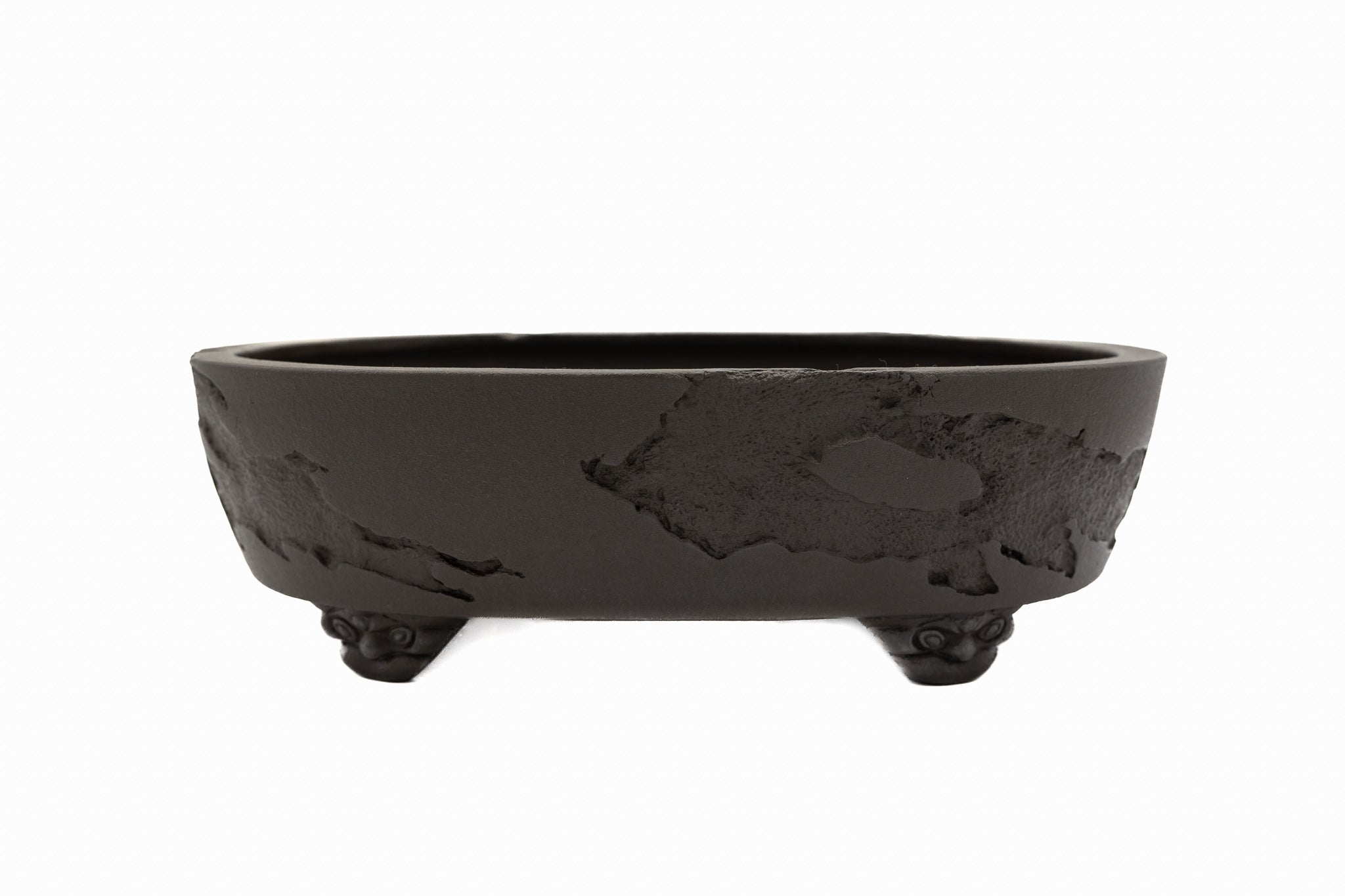 Large Rinka Oval Unglazed Yamaaki Bonsai Pot Japan – Double Chop Nail Signature Decorative Rim Worm Eaten Bold Feet