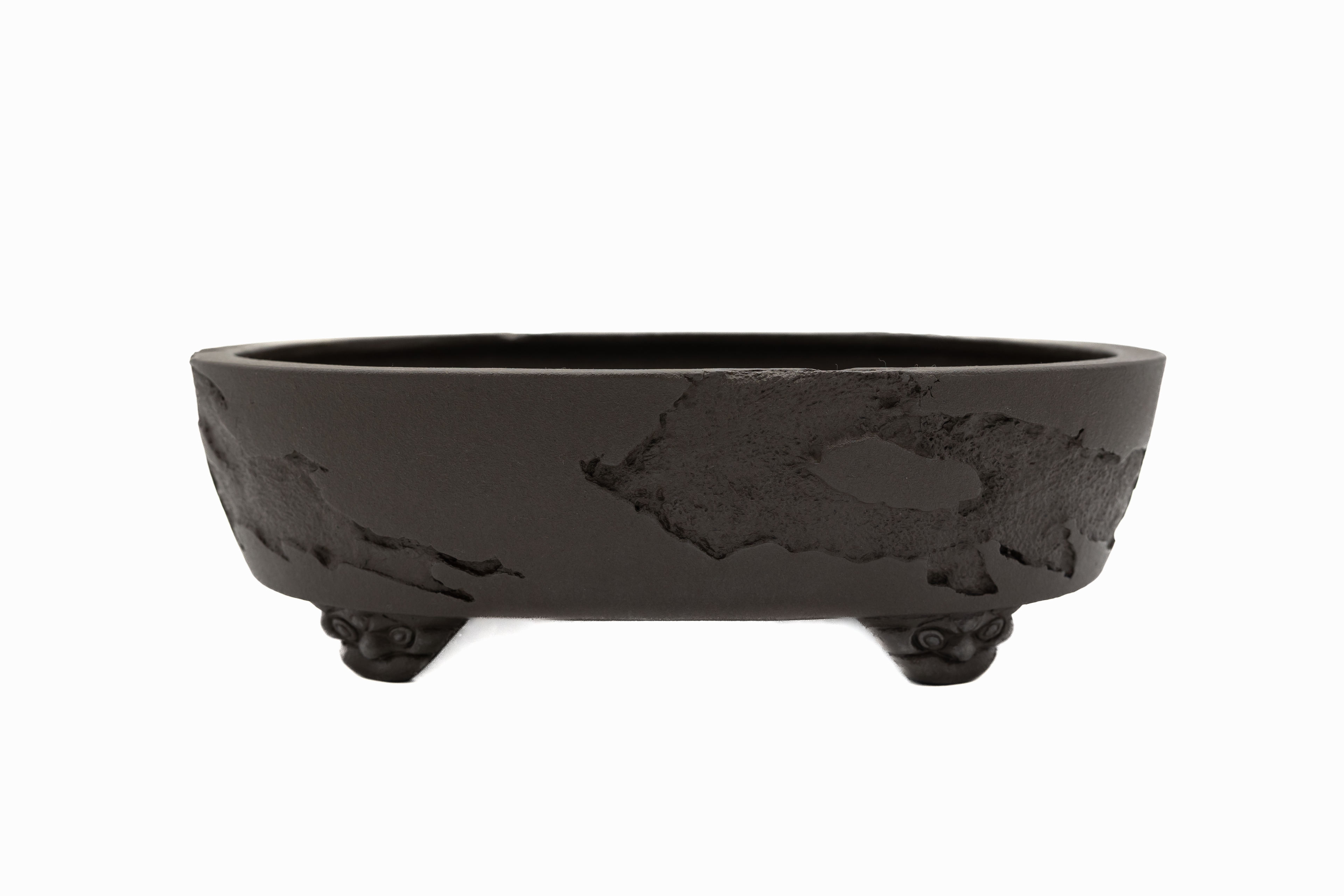 Large Oval Unglazed Yamaaki Japanese Bonsai Pot – Chop and Nail Signed, Worm Eaten Texture, Gargoyle Feet