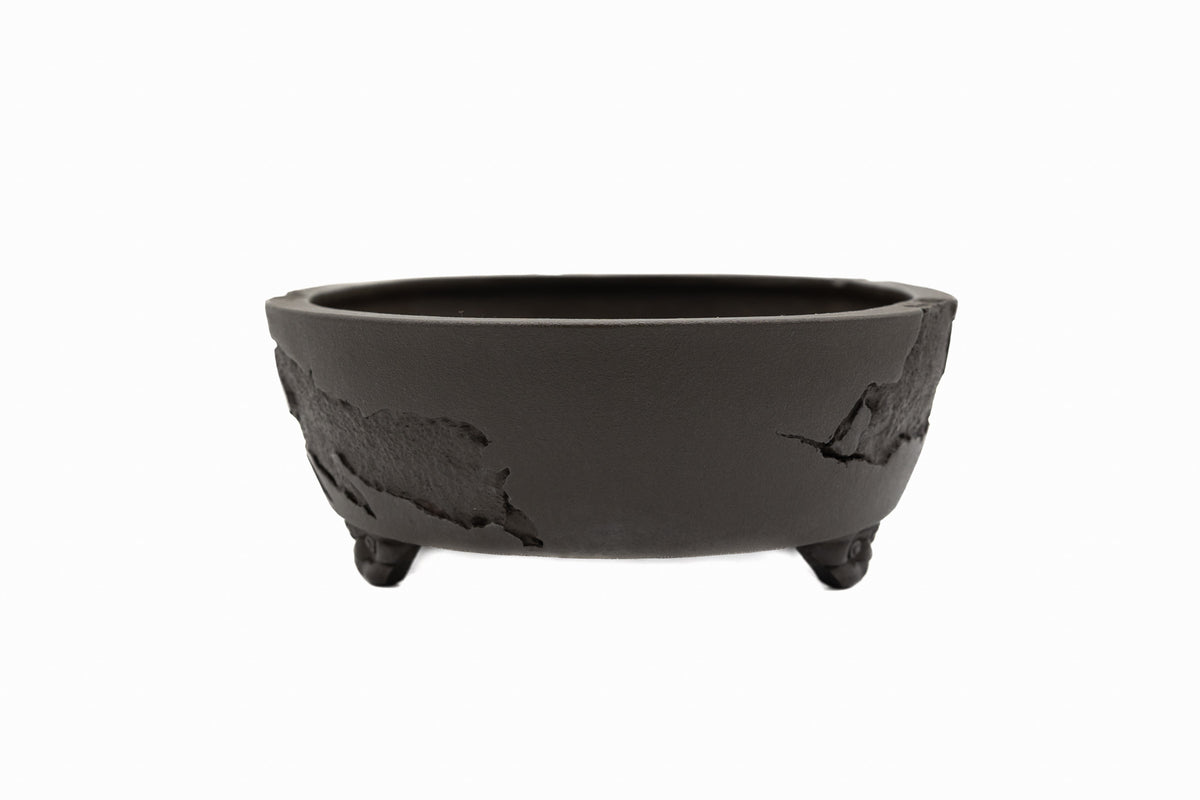 Large Rinka Oval Unglazed Yamaaki Bonsai Pot Japan – Double Chop Nail Signature Decorative Rim Worm Eaten Bold Feet