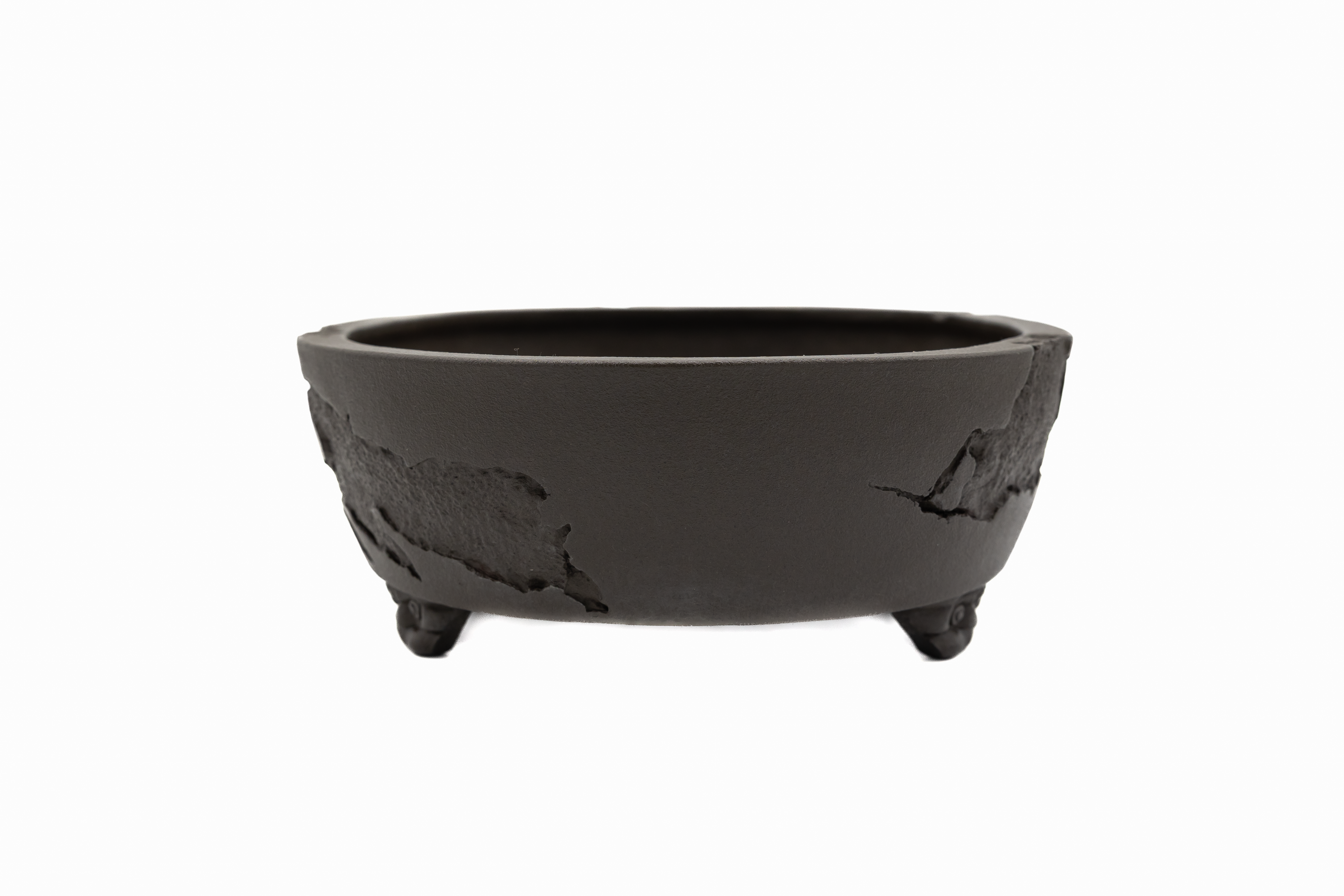 Large Oval Unglazed Yamaaki Japanese Bonsai Pot – Chop and Nail Signed, Worm Eaten Texture, Gargoyle Feet