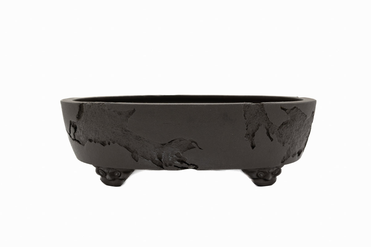 Large Rinka Oval Unglazed Yamaaki Bonsai Pot Japan – Double Chop Nail Signature Decorative Rim Worm Eaten Bold Feet