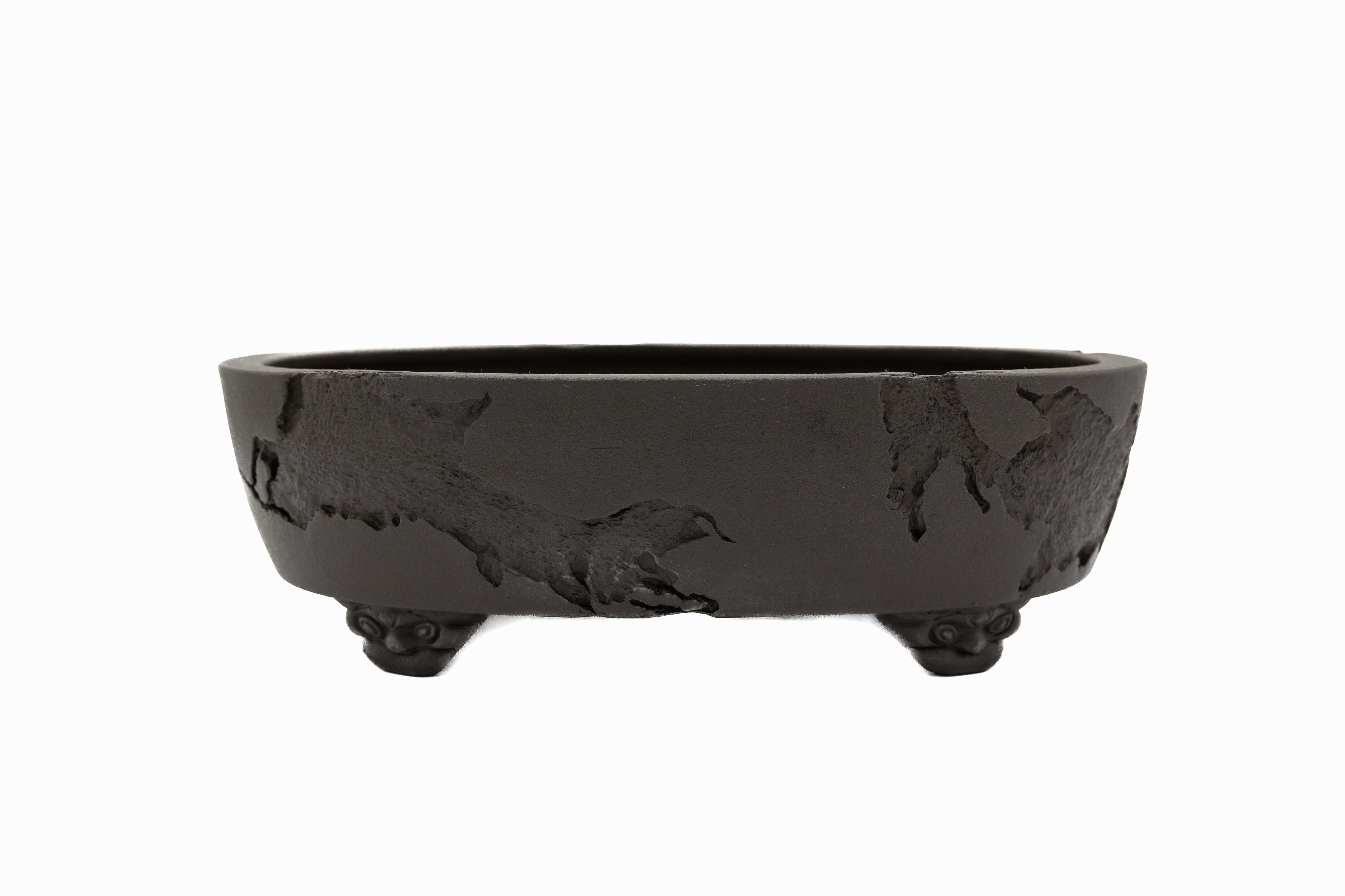 Large Oval Unglazed Yamaaki Japanese Bonsai Pot – Chop and Nail Signed, Worm Eaten Texture, Gargoyle Feet