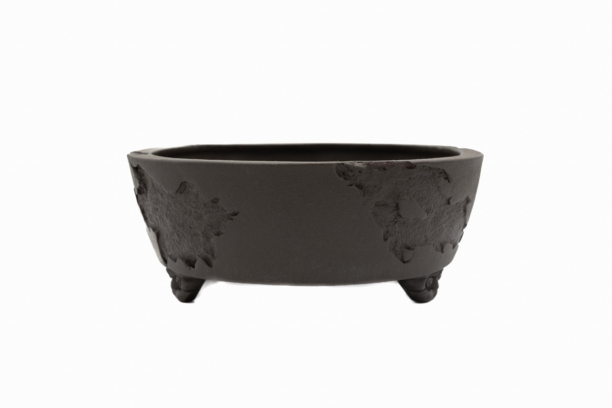 Large Rinka Oval Unglazed Yamaaki Bonsai Pot Japan – Double Chop Nail Signature Decorative Rim Worm Eaten Bold Feet